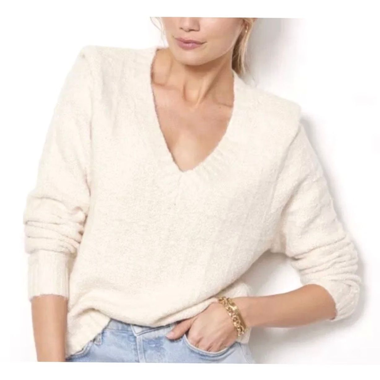 Vintage EVEREVE Sweater Ashlynn Strong Shoulder Winter White Ivory Metallic Shimmer Sz M Shirt Womens Crew? Size M / US 6-8 / IT 42-44 - 2 Thumbnail