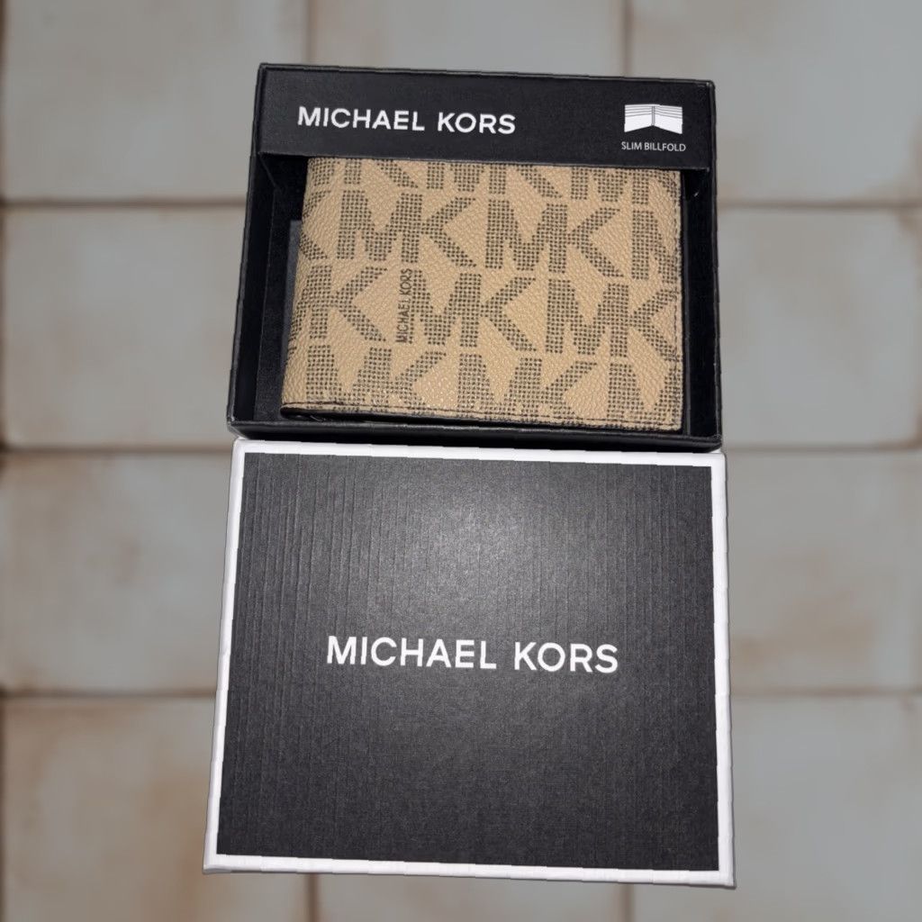 Michael Kors Jet Set Men’S Slim Billfold Wallet Bifold Folding Mk Logo Camel In Box NWT Brand Leather Beige/camel Mens Wallet