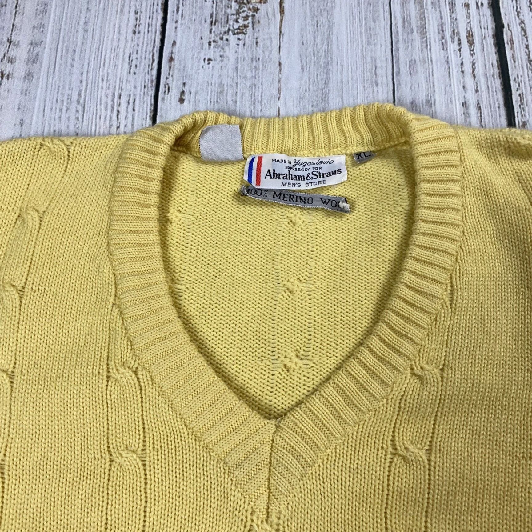 Vintage VINTAGE Abraham & Strauss 100% Merino Wool V-Neck Cardigan Knit Shirt XL Men's Yellow 1970s Secretary/Geek Size US XL / EU 56 / 4 - 2 Thumbnail