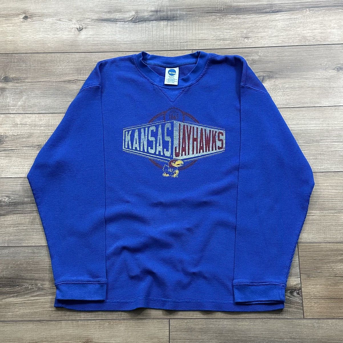NCAA Vintage 2000s Kansas Jayhawks Waffle Knit Thermal Size US XL / EU 56 / 4 - 1 Thumbnail