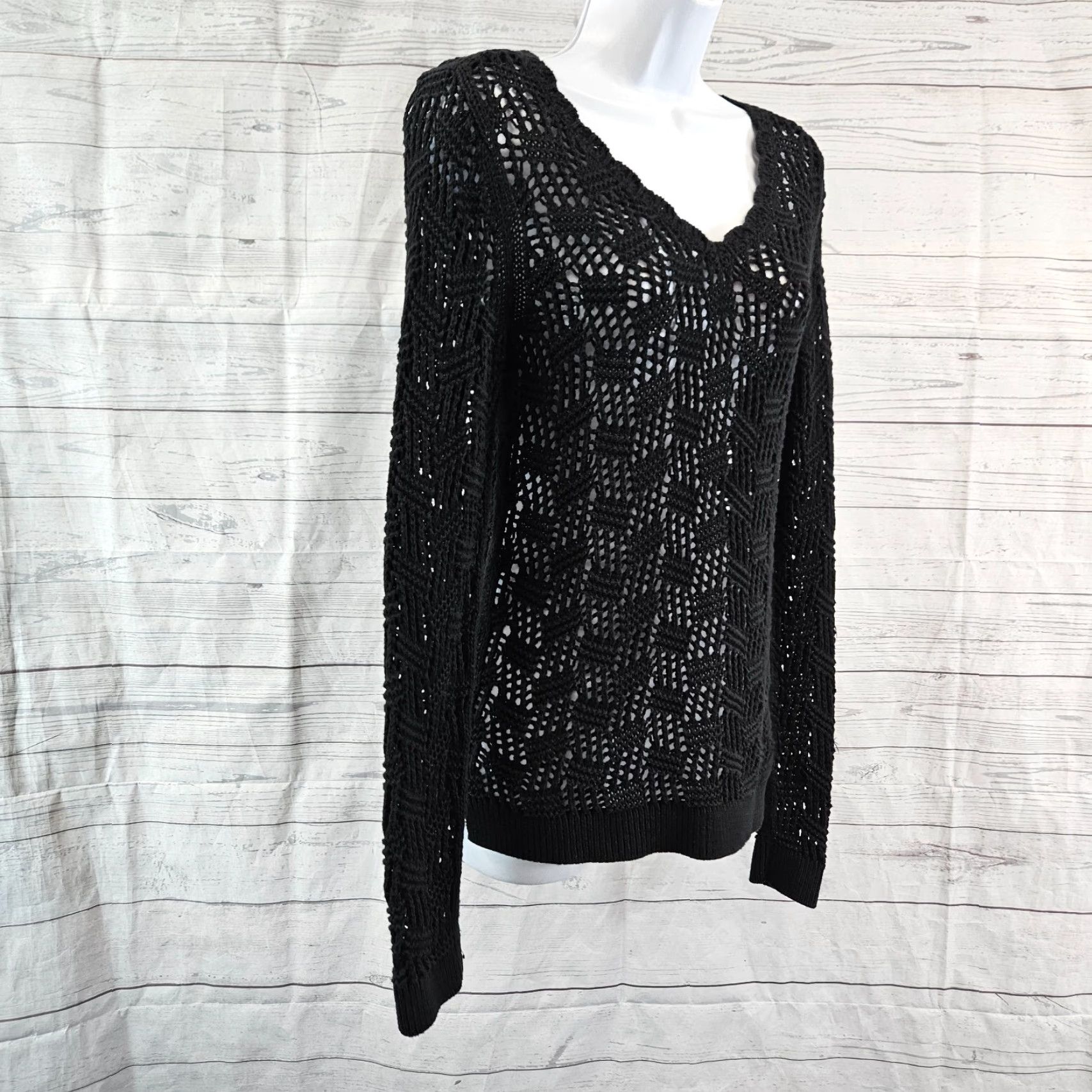Loft Ann Taylor LOFT Womens Open Knit Sweater Sz Small Black Cotton Long Sleeve Size S / US 4 / IT 40 - 3 Thumbnail