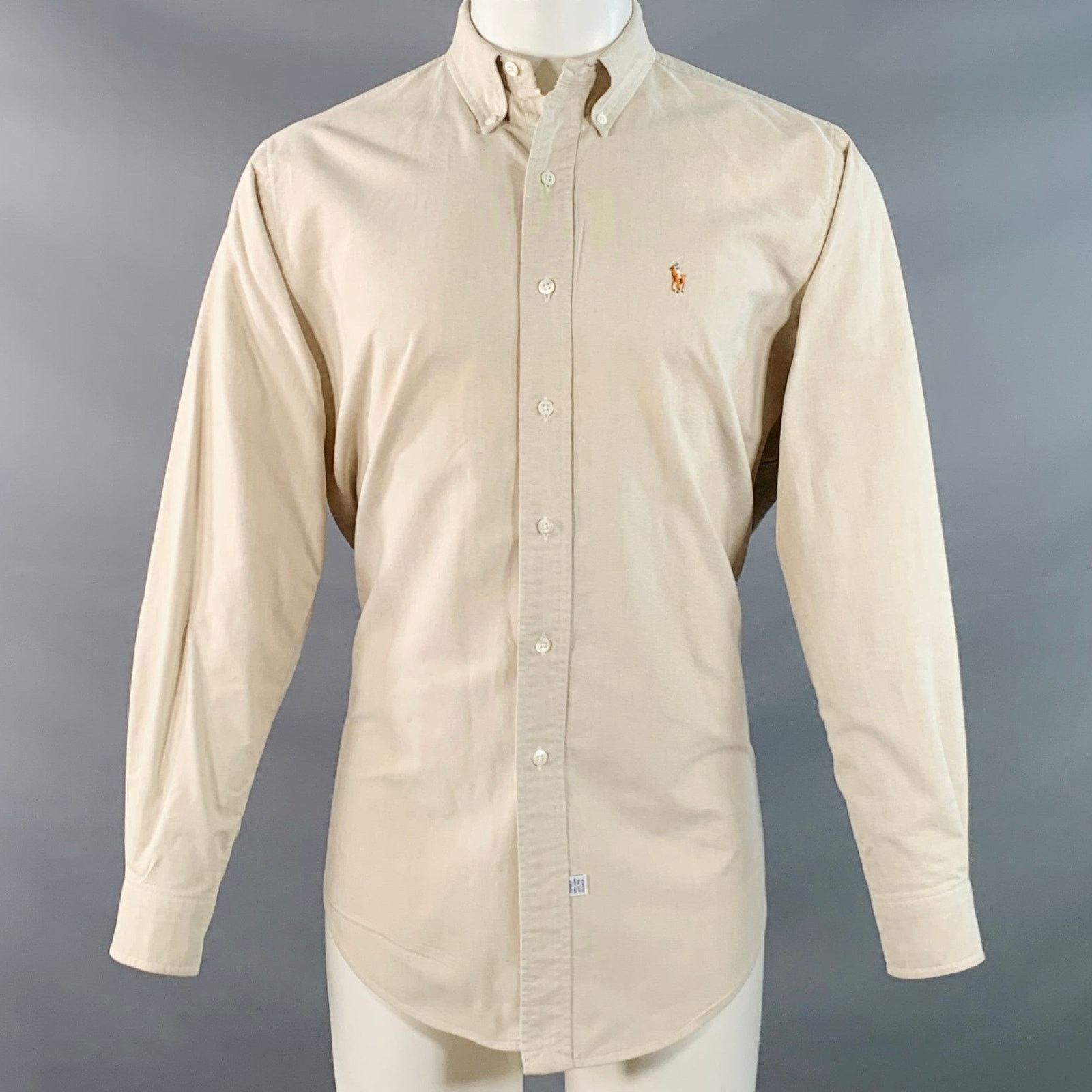 Size S Beige Cotton Button Down Collar Long Sleeve Shirt
