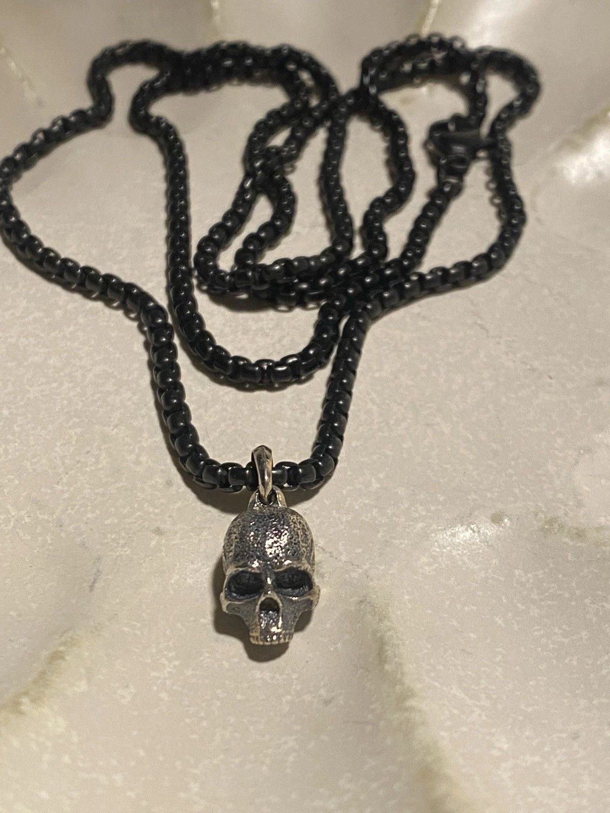 Pre-owned David Yurman Sterling Silver Skull Pendant Steel Necklace