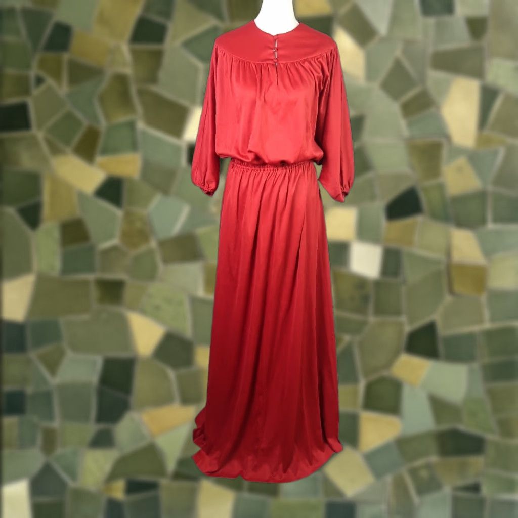 Vintage VINTAGE 70s Dark Red Blouson Maxi Dress L Women Long Sleeve Polyester Solid Bohemian Casual Party/Cocktail Size L / US 10 / IT 46 - 1 Thumbnail