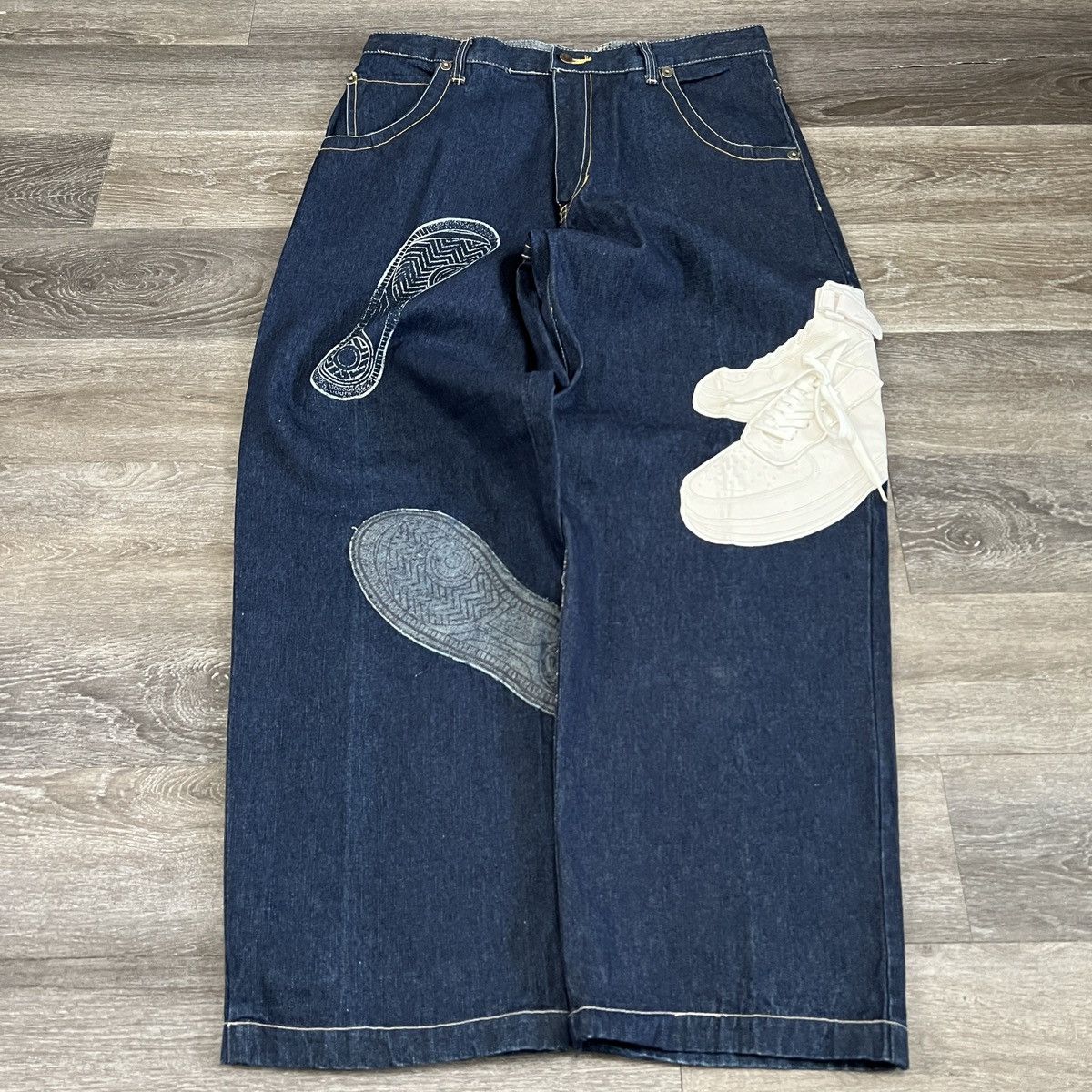 image of Jnco x Vintage Crazy Vintage Y2K Raw Blue Air Force 1 Baggy Wide Leg Jeans in Navy, Men's (Size 38)