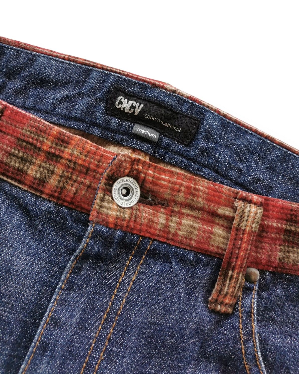 Kapital Concave Attempt Patchwork Jeans – Red Plaid Pocket Y2K Denim Size US 33 - 9 Thumbnail