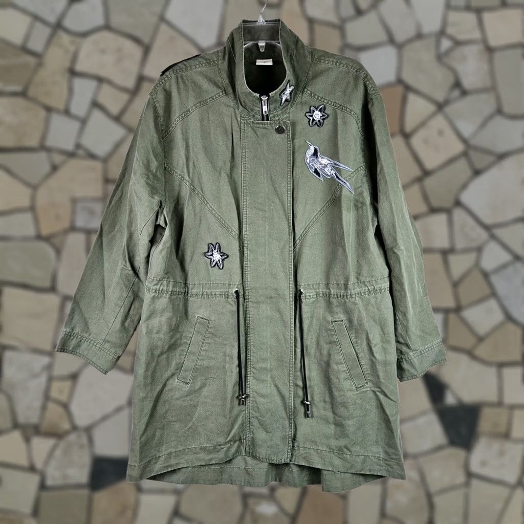 Vintage Cabi Jacket Bird Military Linen Blend Sequin Star Appliqué Zip Green Sz L Women Regular Mid-Length Jacket (Travel, Workwear) Size L / US 10 / IT 46 - 1 Thumbnail