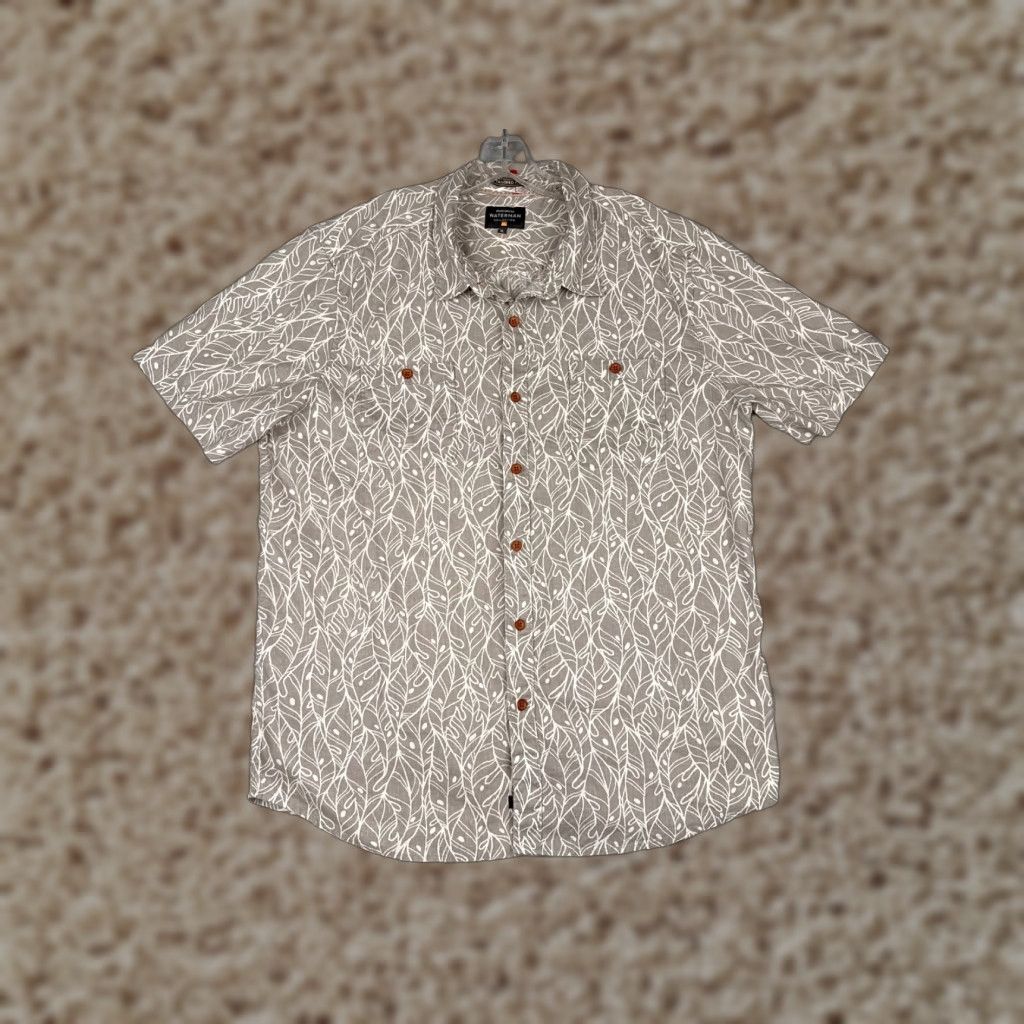 Quiksilver Waterman Shirt Adult XL Gray Floral Cotton Blend Hawaiian Shirt Button-Up Short Sleeve Chest 40 in Aloha Beach Vacation Mens