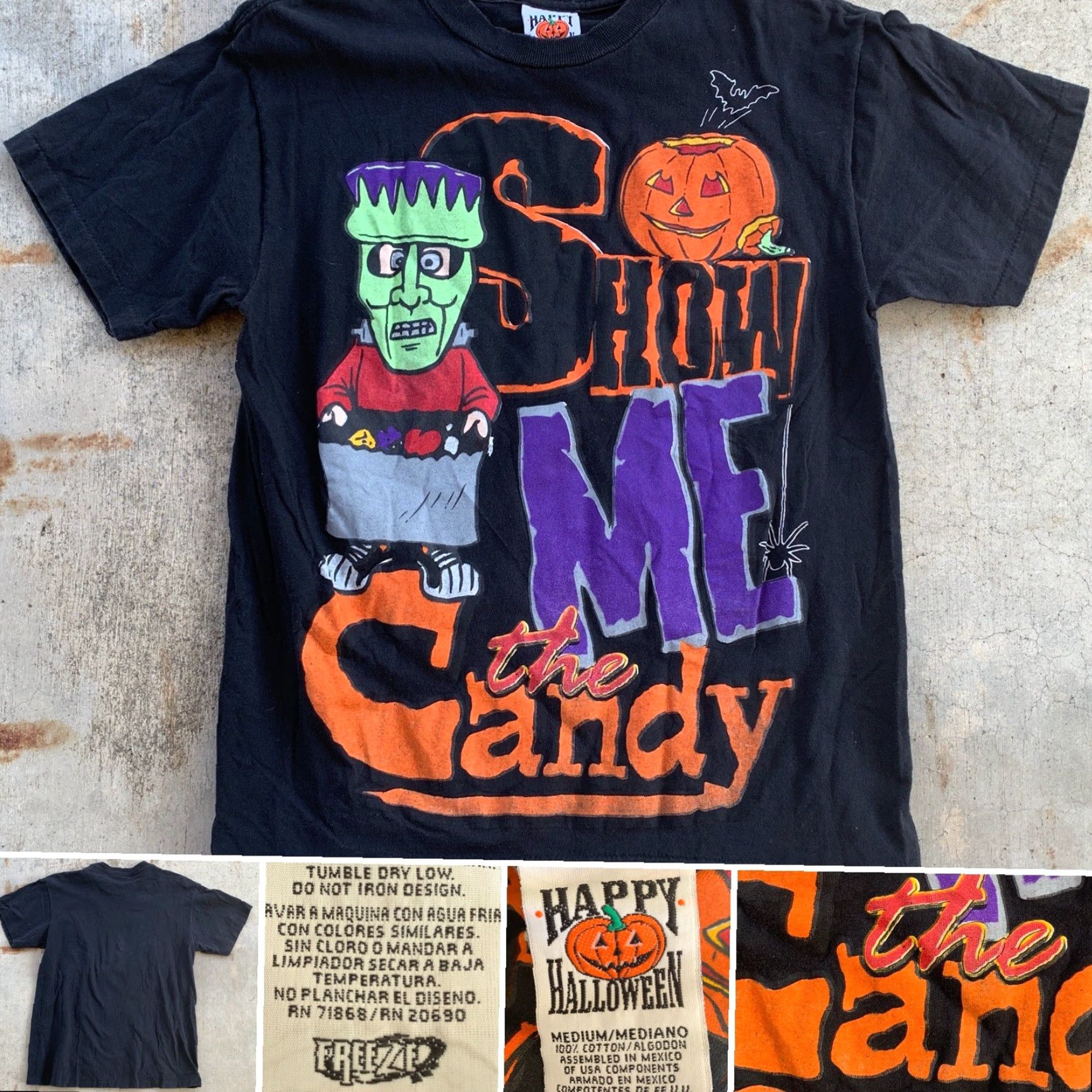 Vintage VINTAGE Happy Halloween Frankenstein T-Shirt Shirt M Black Graphic Print Mens Halloween 90s (Show Me The Candy) Size US M / EU 48-50 / 2 - 3 Thumbnail