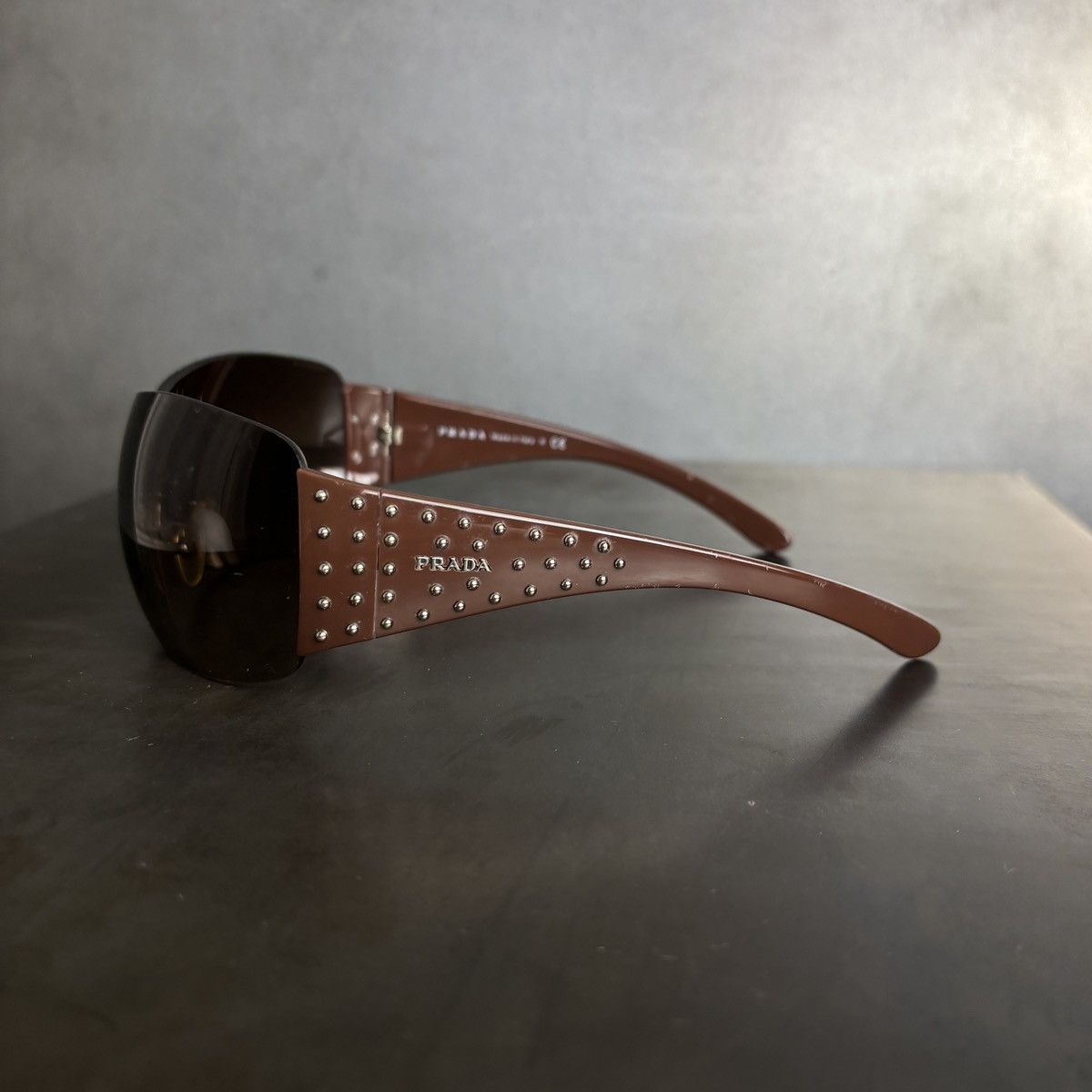 Prada 2011 Prada Sunglasses Y2K Prada Studded Shield Wrap SPR 29L Size ONE SIZE - 8 Thumbnail