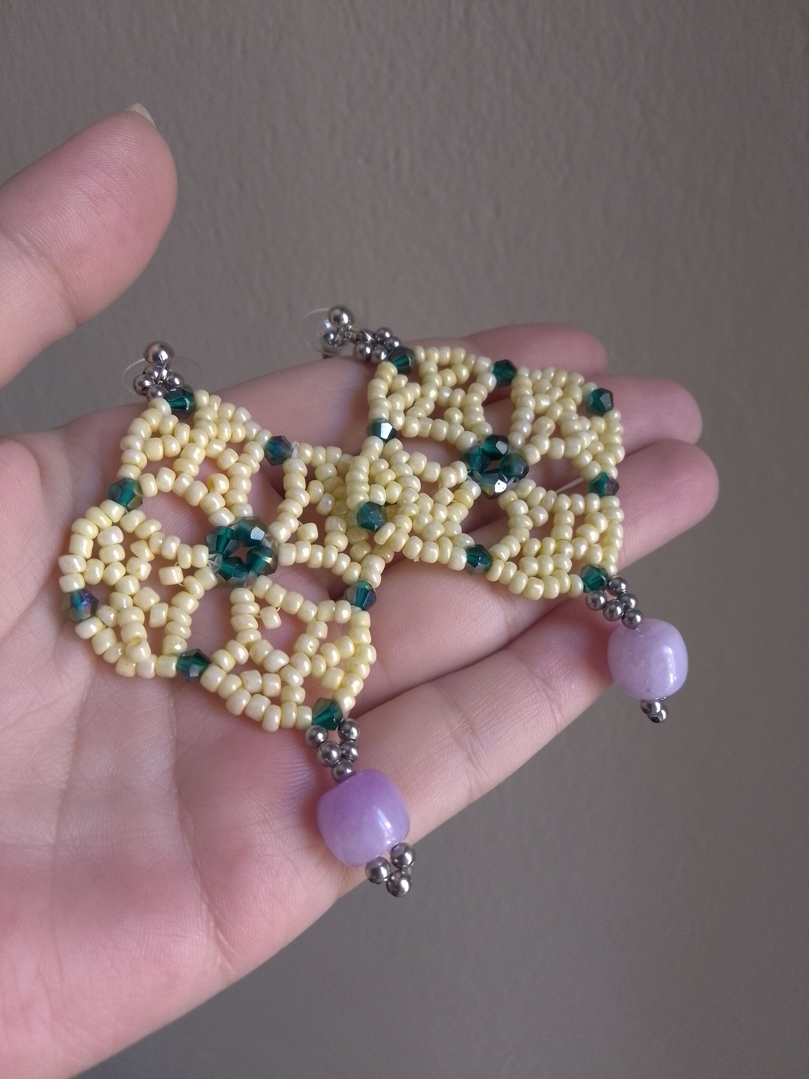 Handmade Earrings flower shaped with purple natural jade dangling Size ONE SIZE - 5 Thumbnail