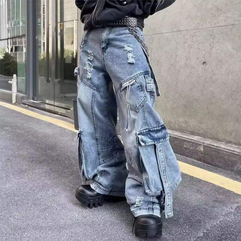 DISTRESSED Multi-Pocket Baggy Pants