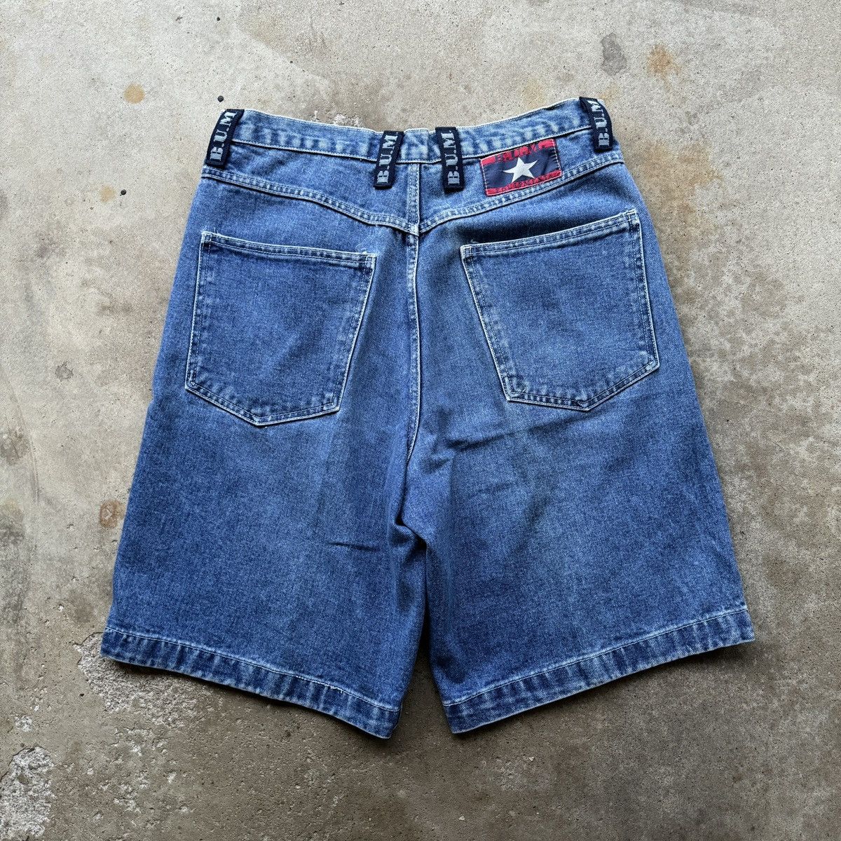 image of B U M Equipment x Vintage Bum Equipment Faded Baggy Denim Skater Jean Shorts in Blue (Size 32)