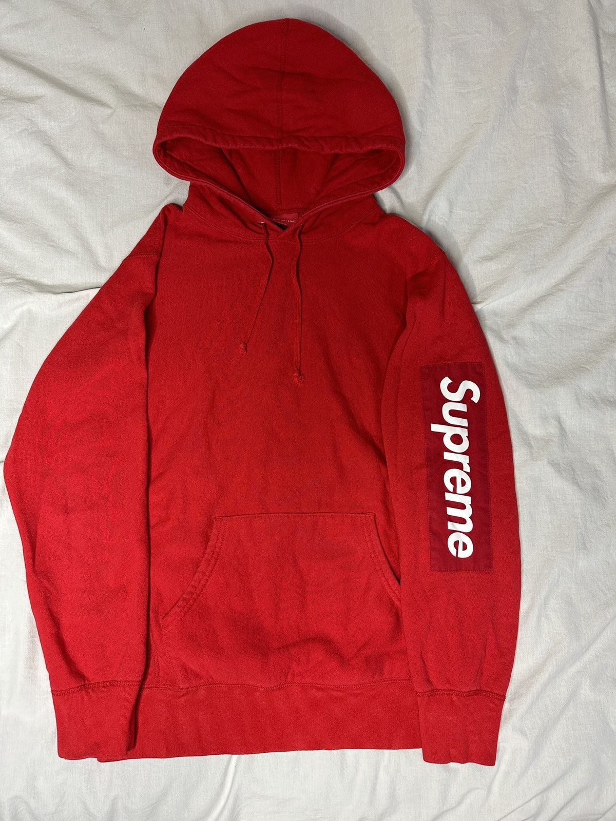 image of Supreme Sleeve Patch Box Logo Hoodie in Red, Men's (Size Medium)