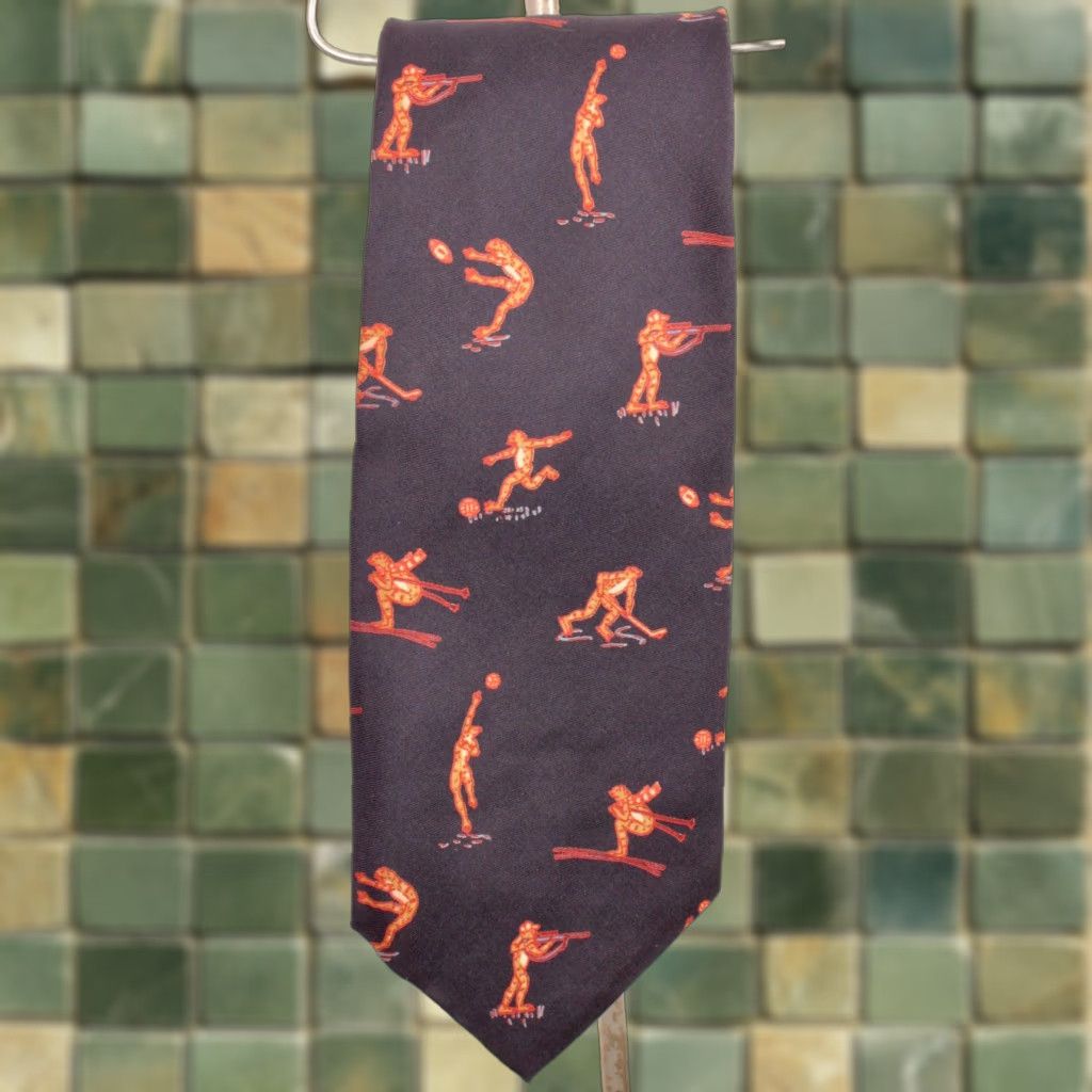 Vintage VINTAGE James Davis 70s Silk Necktie Navy Blue Frog Sports Themed Wide Tie Men Mens 1970s Silk Tie Size ONE SIZE - 1 Thumbnail