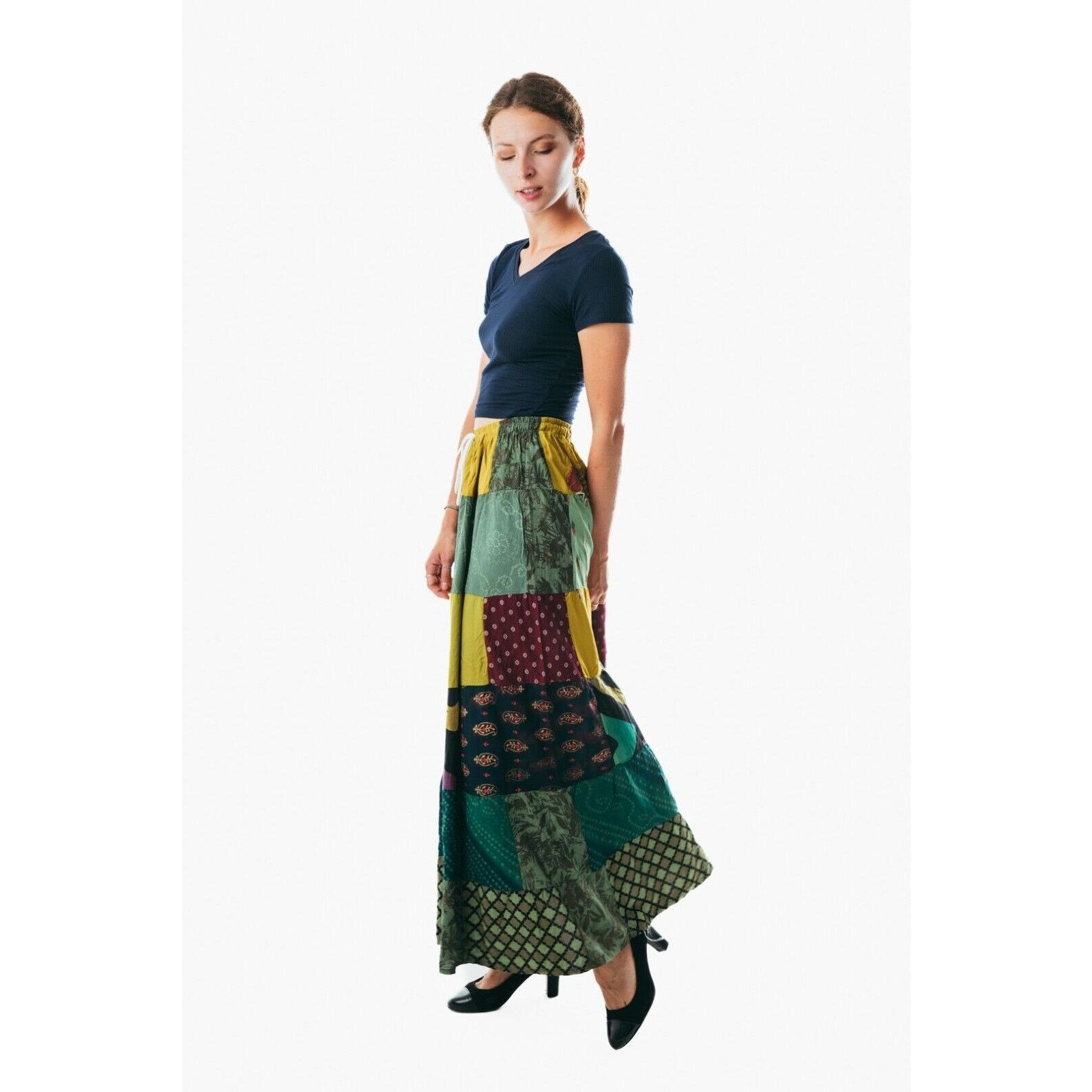 Other Boho Patchwork green maxi long cotton Skirt Gypsy Hippie Size 35" - 3 Thumbnail