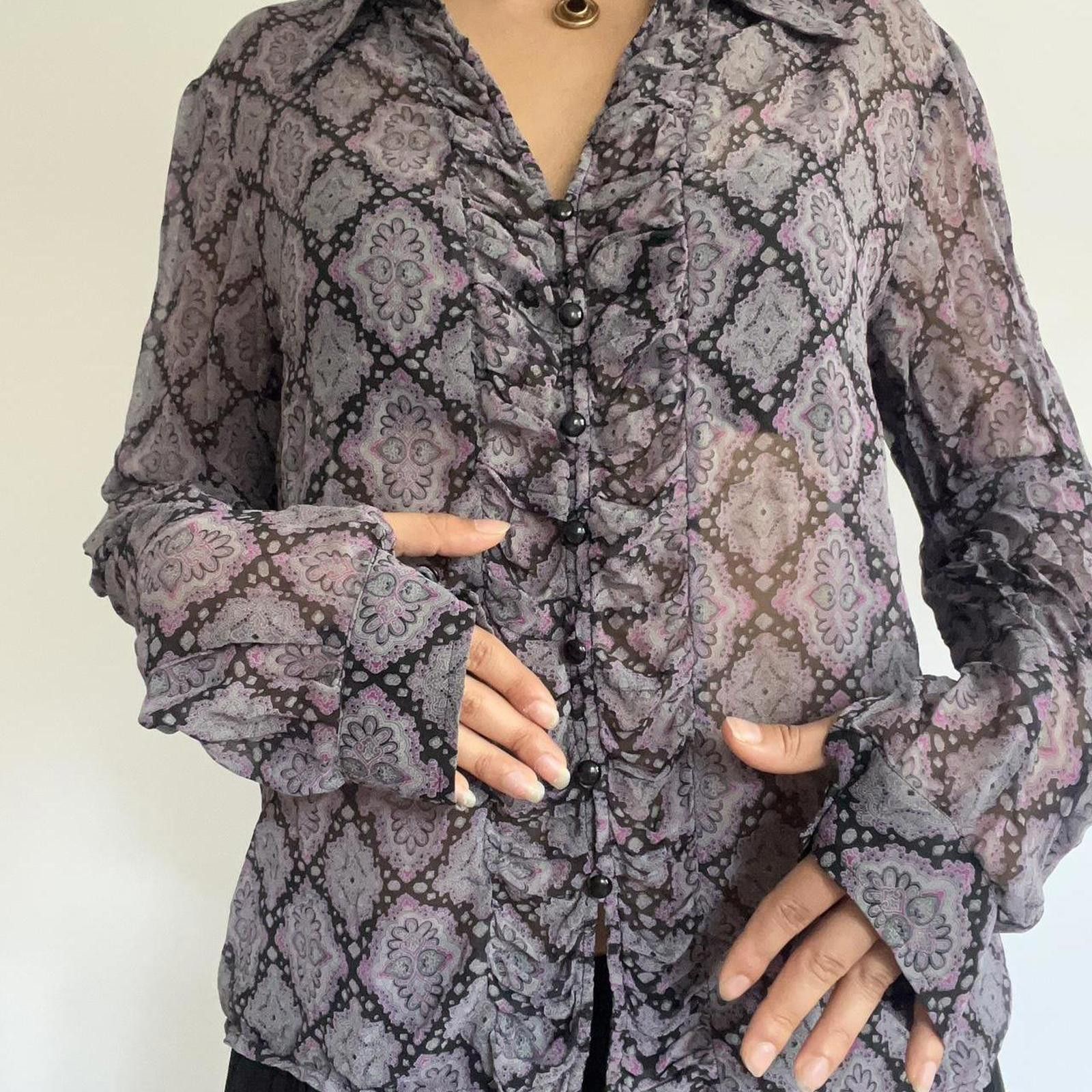 Worthington Purple and black mesh blouse with ruffle details #goth Size S / US 4 / IT 40 - 5 Thumbnail