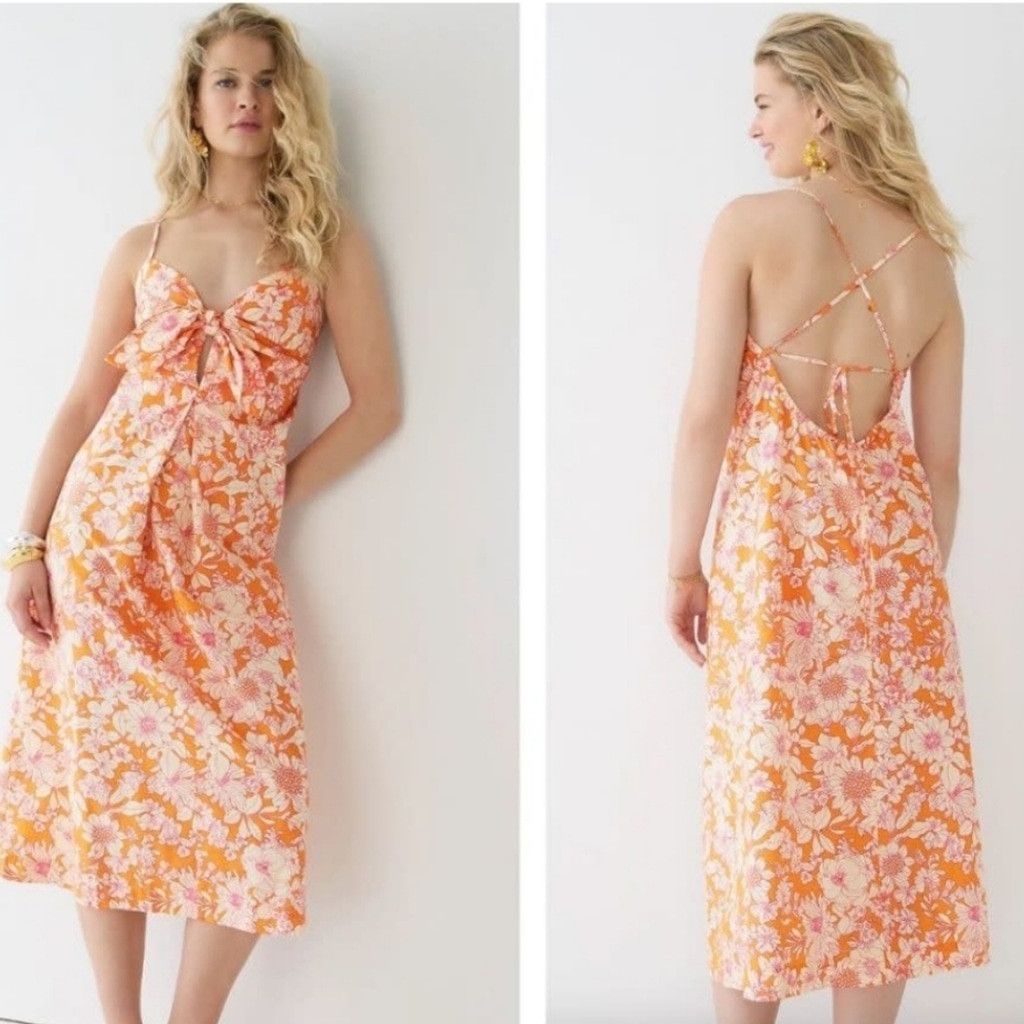 J.Crew Tie-Front Cotton Poplin Midi Dress in Orange Floral Size S / US 4 / IT 40 - 1 Thumbnail