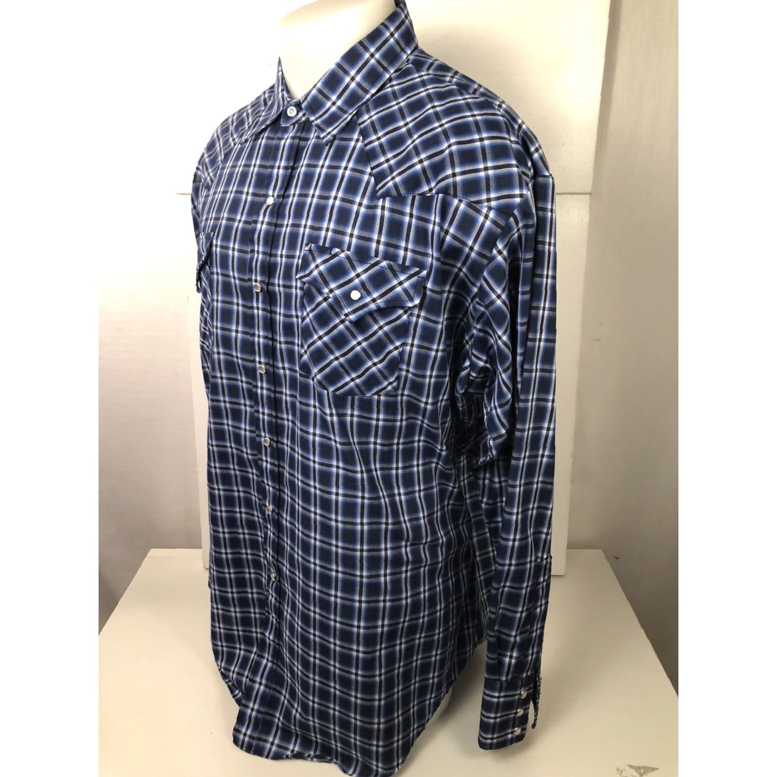 Vintage ELY Cattleman - Pearl Snap Western Rockabilly Cowboy Shirt - Blue/White Plaid - 2XL - Cotton - Button-Up - Men Adult Size US XXL / EU 58 / 5 - 4 Thumbnail