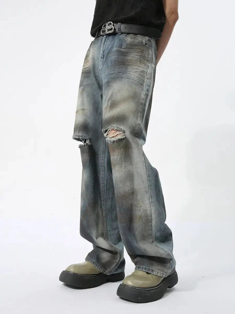 Japanese Brand Retro loose straight leg ripped jeans Size US 32 / EU 48 - 3 Thumbnail