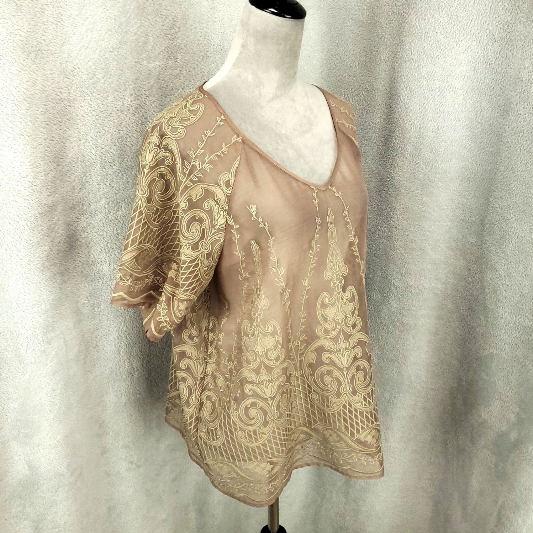 Vintage Sigrid Olsen Blouse Shirt Womens L Brown Tan Embroidered Sheer V-Neck Short Sleeve NWT W/ Tags Size L / US 10 / IT 46 - 2 Thumbnail