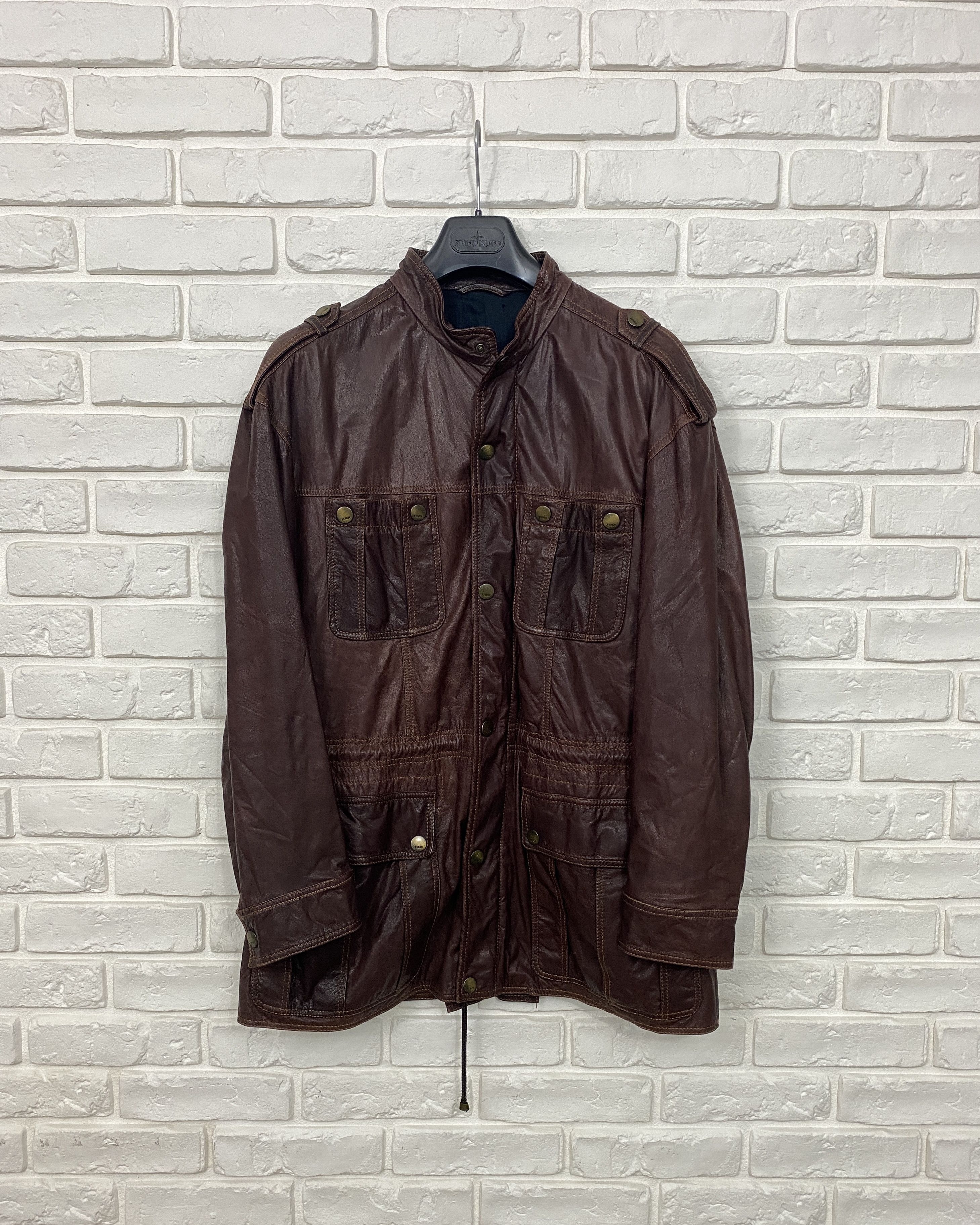 image of Fendi Roma Leather Jacket Biker Brown Multipocket Size M, Men's