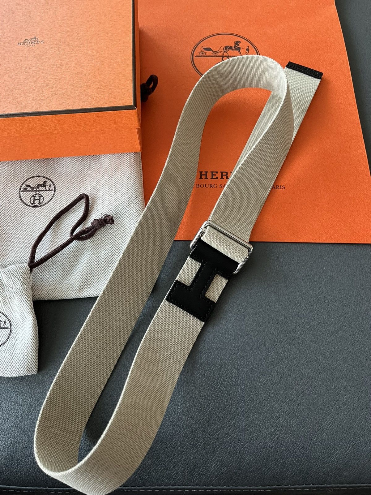 image of Limited Edition Hermes H Logo Leather Canvas Belt, Men's (Size 34)