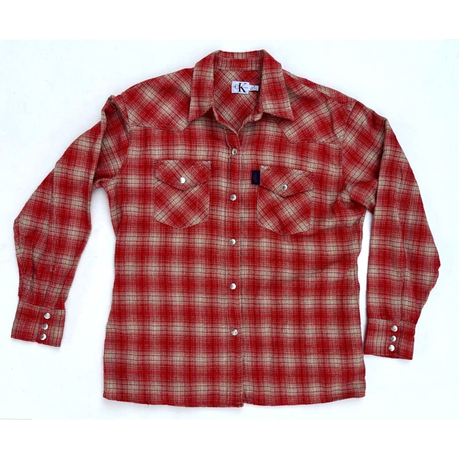 Calvin Klein VINTAGE Calvin Klein Western Shirt Plaid Pearl Snap 90s Women's Size M Red Cotton Flannel Pockets Button-Up Size M / US 6-8 / IT 42-44 - 2 Thumbnail