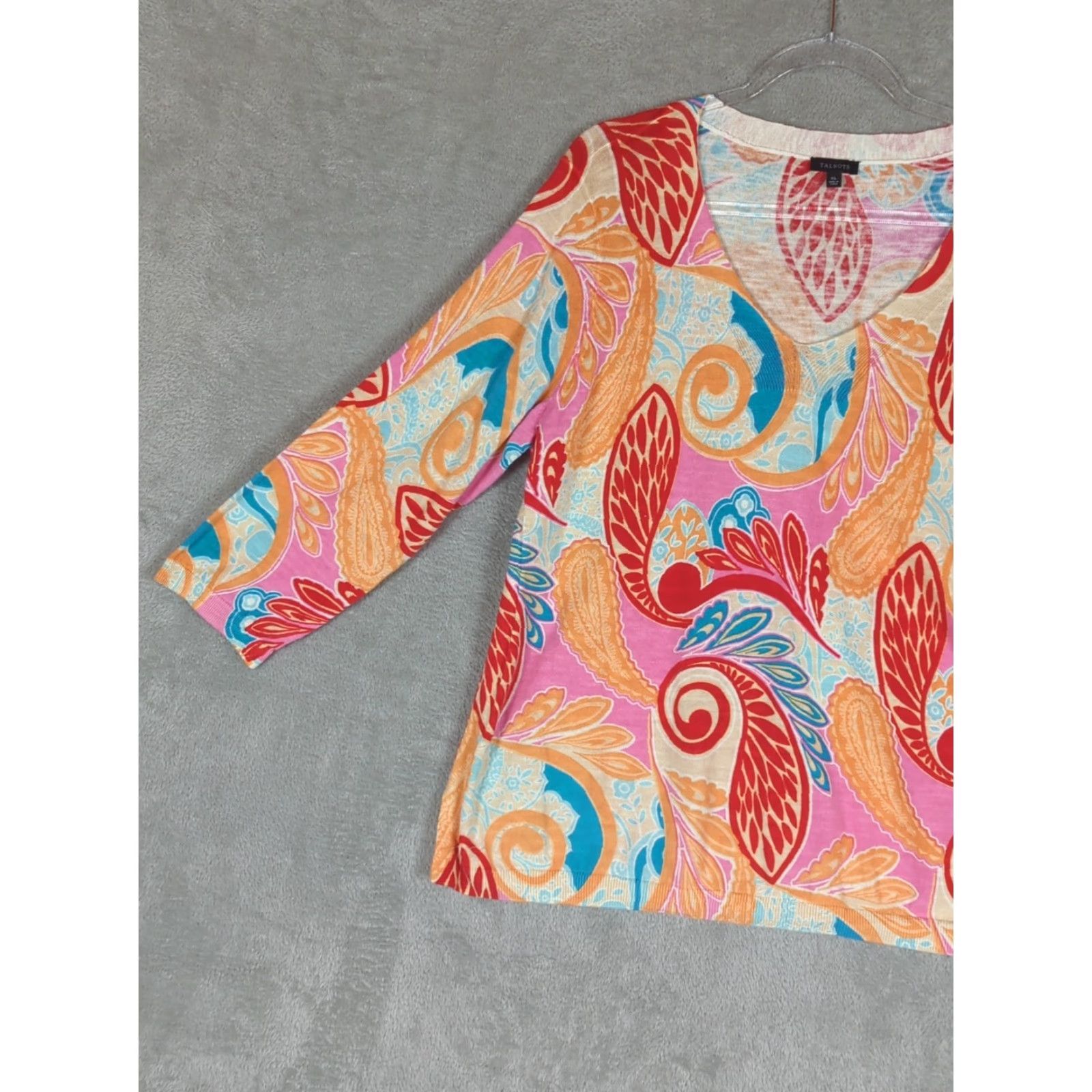 Talbots Talbots Sweater Top Women XL Multicolor 100% Cotton V-Neck 3/4 Sleeve Pullover Lightweight Knit Paisley Casual Wear Womens Size XL / US 12-14 / IT 48-50 - 2 Thumbnail
