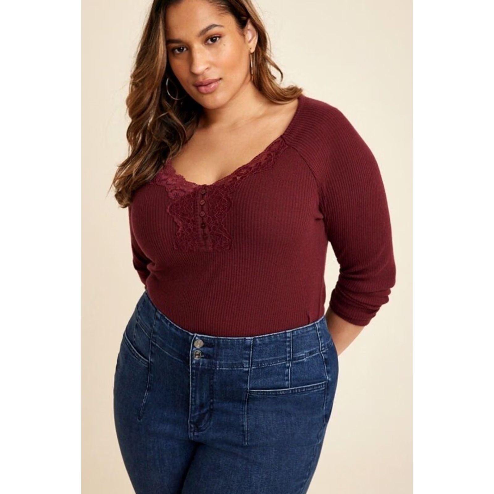 Vintage Maurices Women Burdund Burgundy Red Heartland Lace Trim Henley Long Sleeve Top Blouse XL Shirt Womens Size XL / US 12-14 / IT 48-50 - 2 Thumbnail