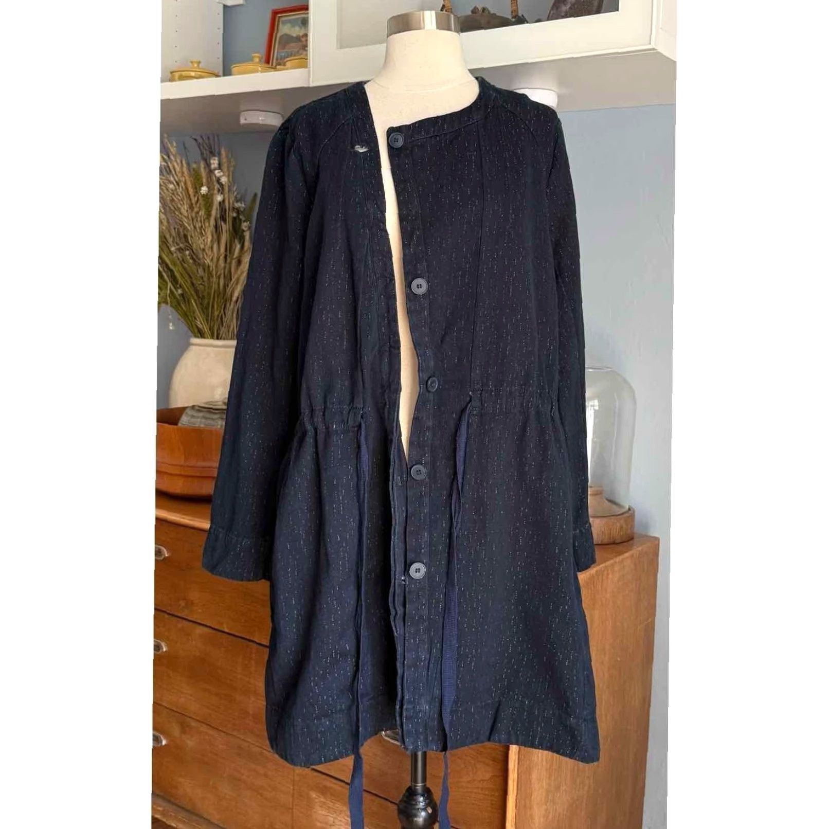 Denime LILITH Rinaldi Navy Denim Topper Jacket Cinched Waist Ties Lagenlook 40 M Navy Denim Topper Jacket Womens M 40 Blue Jacket Size S / US 4 / IT 40 - 2 Thumbnail