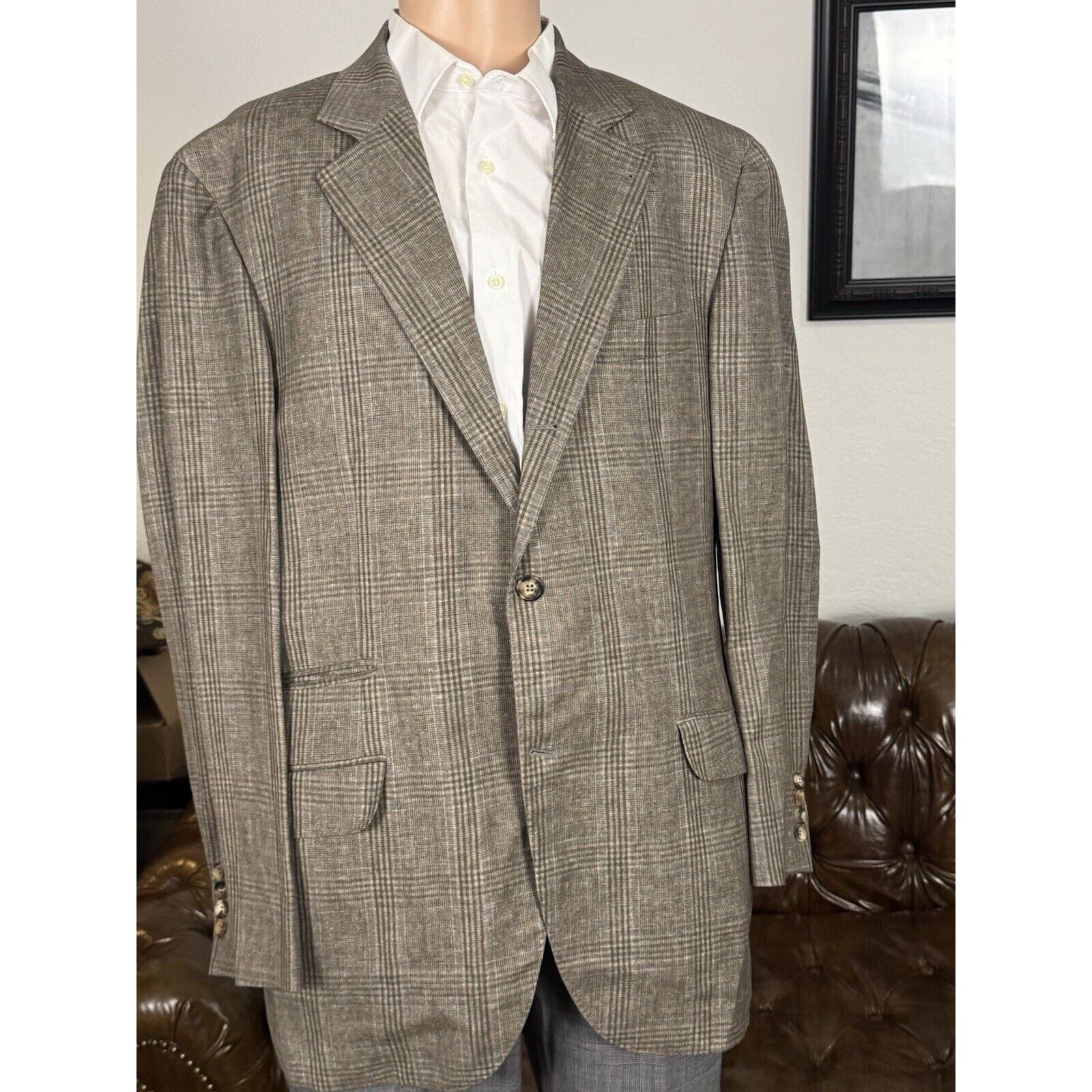 Brunello Cucinelli Brunello Cucinelli Prince Of Wales Taupe Sportcoat IT 54/ 44 Size 44R - 1 Thumbnail
