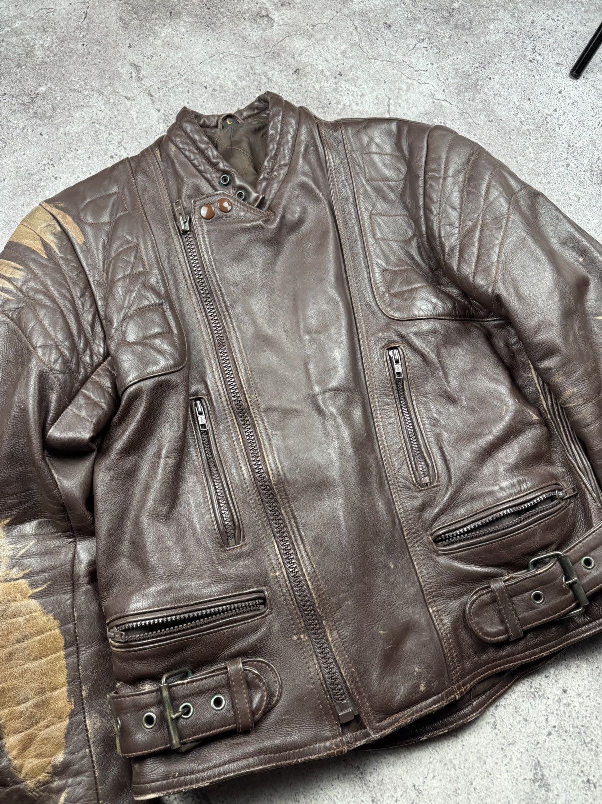 Vintage VINTAGE 80S BROWN BIKER RAMONES FADED RACING LEATHER JACKET Size US L / EU 52-54 / 3 - 6 Thumbnail