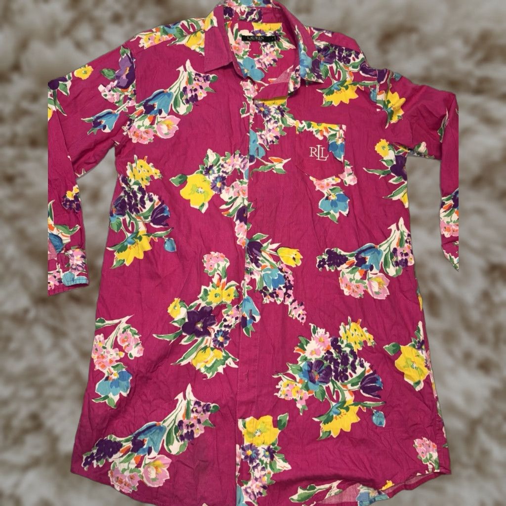 Ralph Lauren Black Label Floral Button-Up Shirt Pink Womens Large Tunic Tropical Lightweight