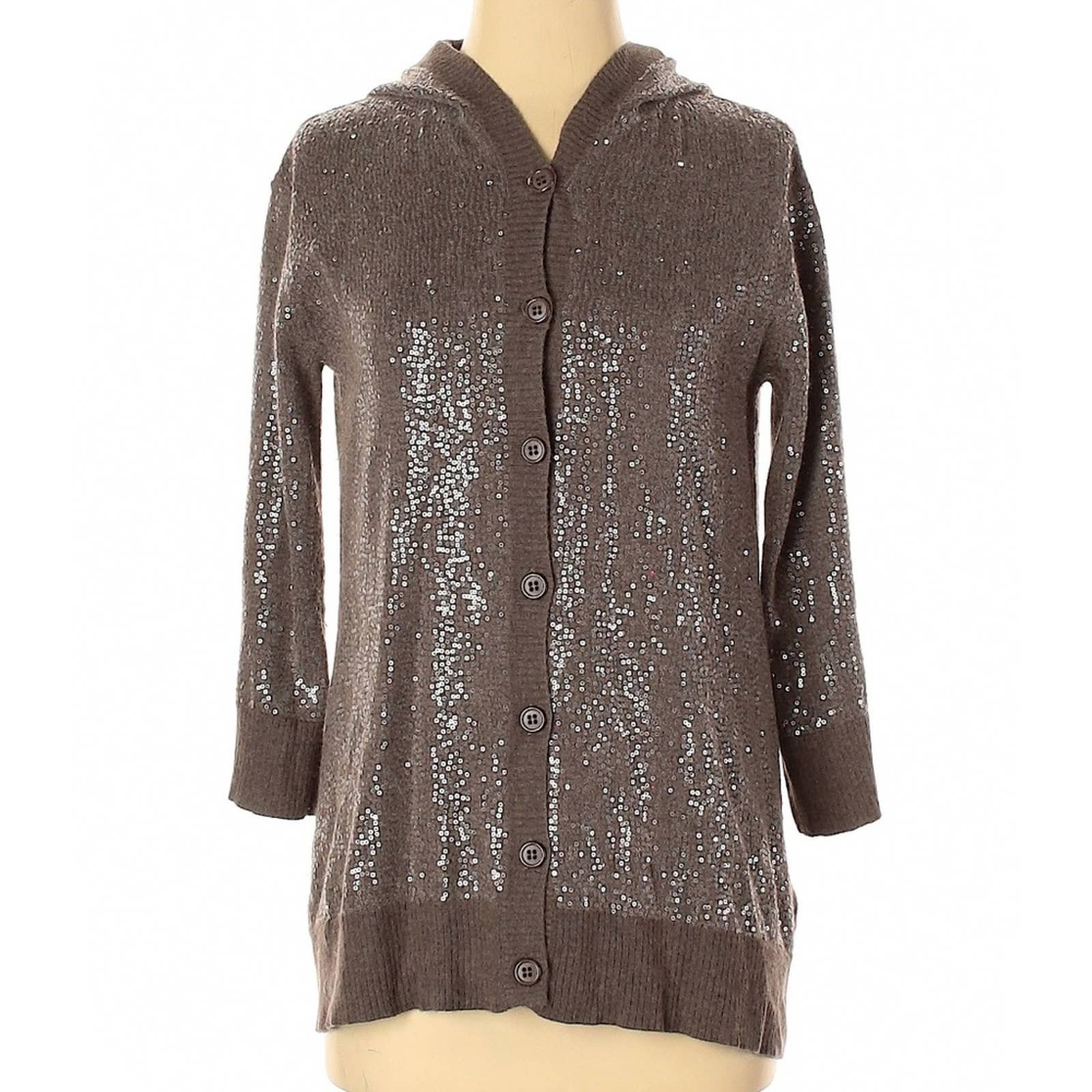 Alice + Olivia Shimmery Brown Metallic Sequin Hood Cardigan