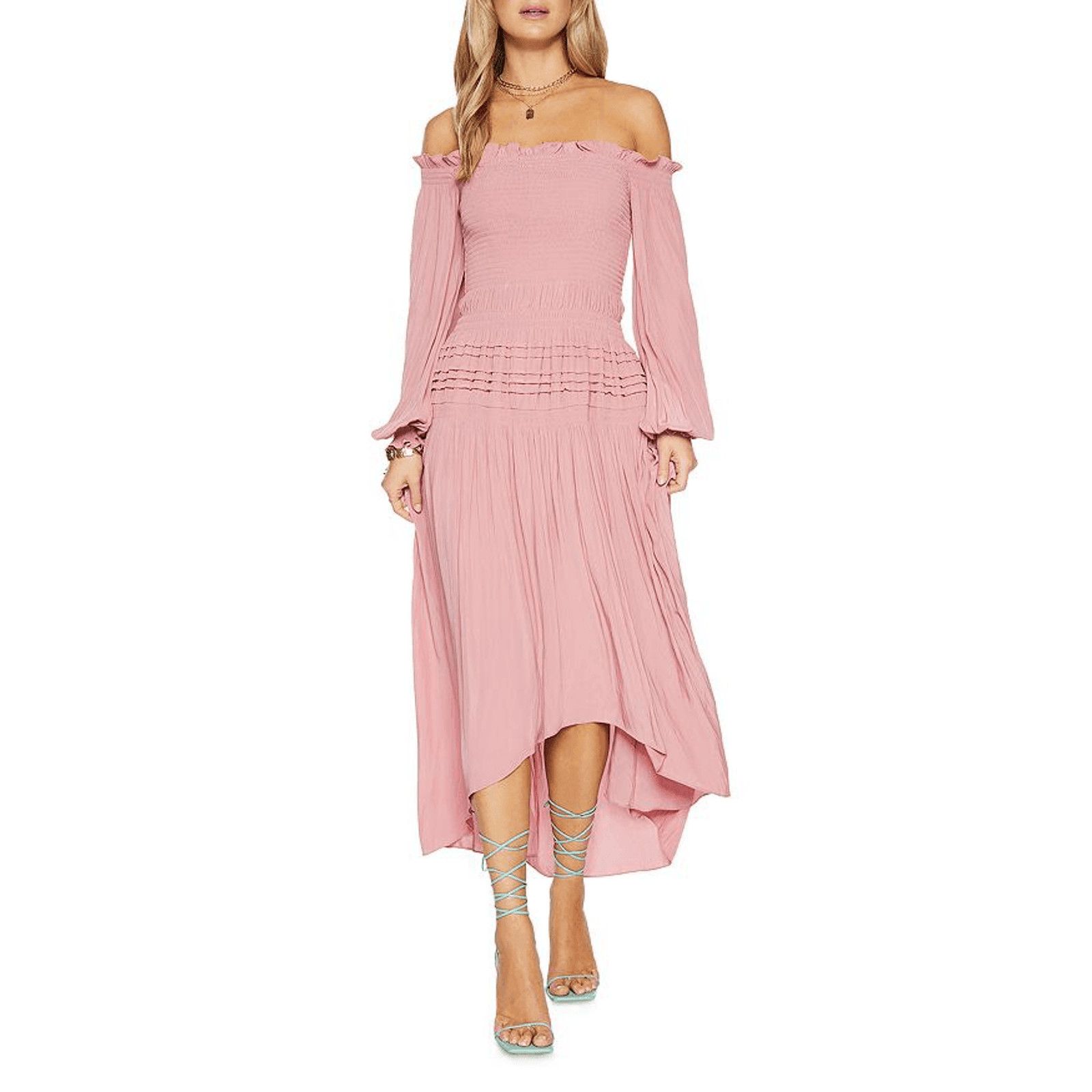 Ramy Brook NWT Anita Smocked Ruffle Midi Dress Pink Size S