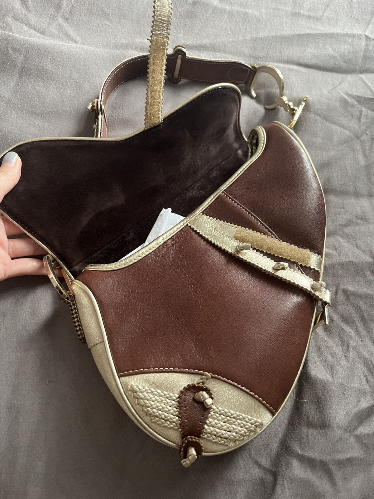 Dior Dior Brown Gold Leather & Fabric Saddle Bag Size ONE SIZE - 8 Thumbnail