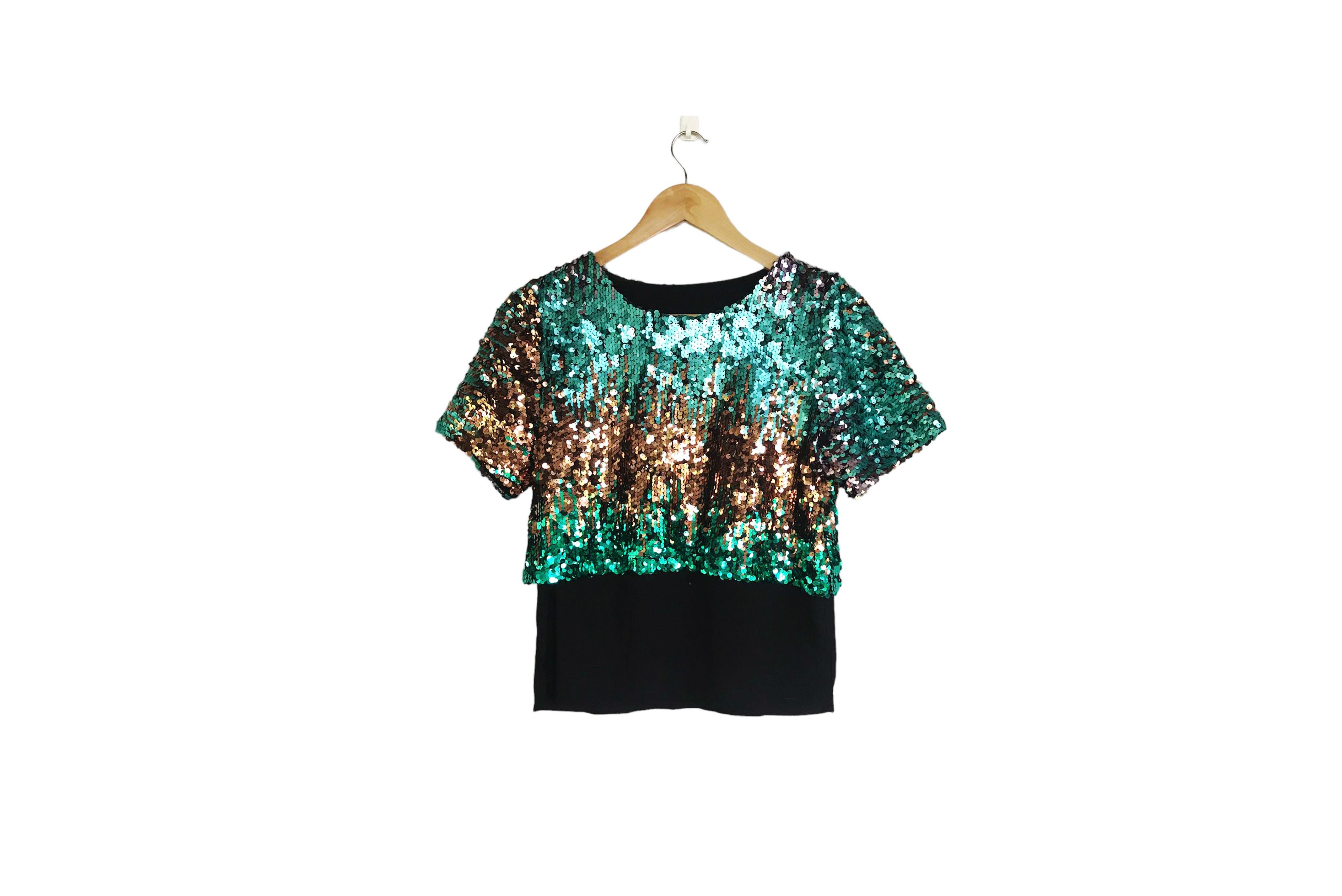 Vintage Green and Bronze sequin Blouse, sheer chiffon layered Size M / US 6-8 / IT 42-44 - 1 Thumbnail