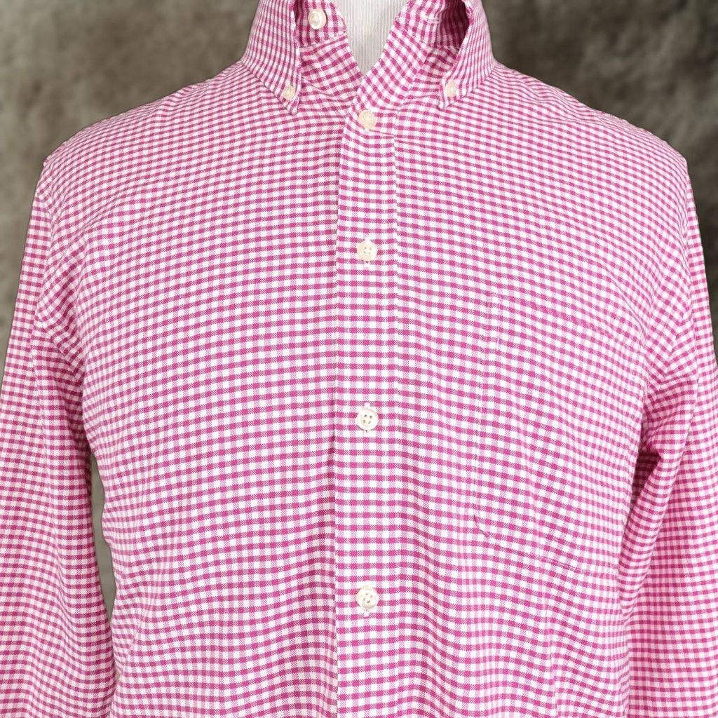 Stafford Stafford Dress Shirt Mens 16.5 32/33 Pink Gingham Slim Fit Wrinkle Free Oxford Button-Down Collar Size 46R - 1 Thumbnail