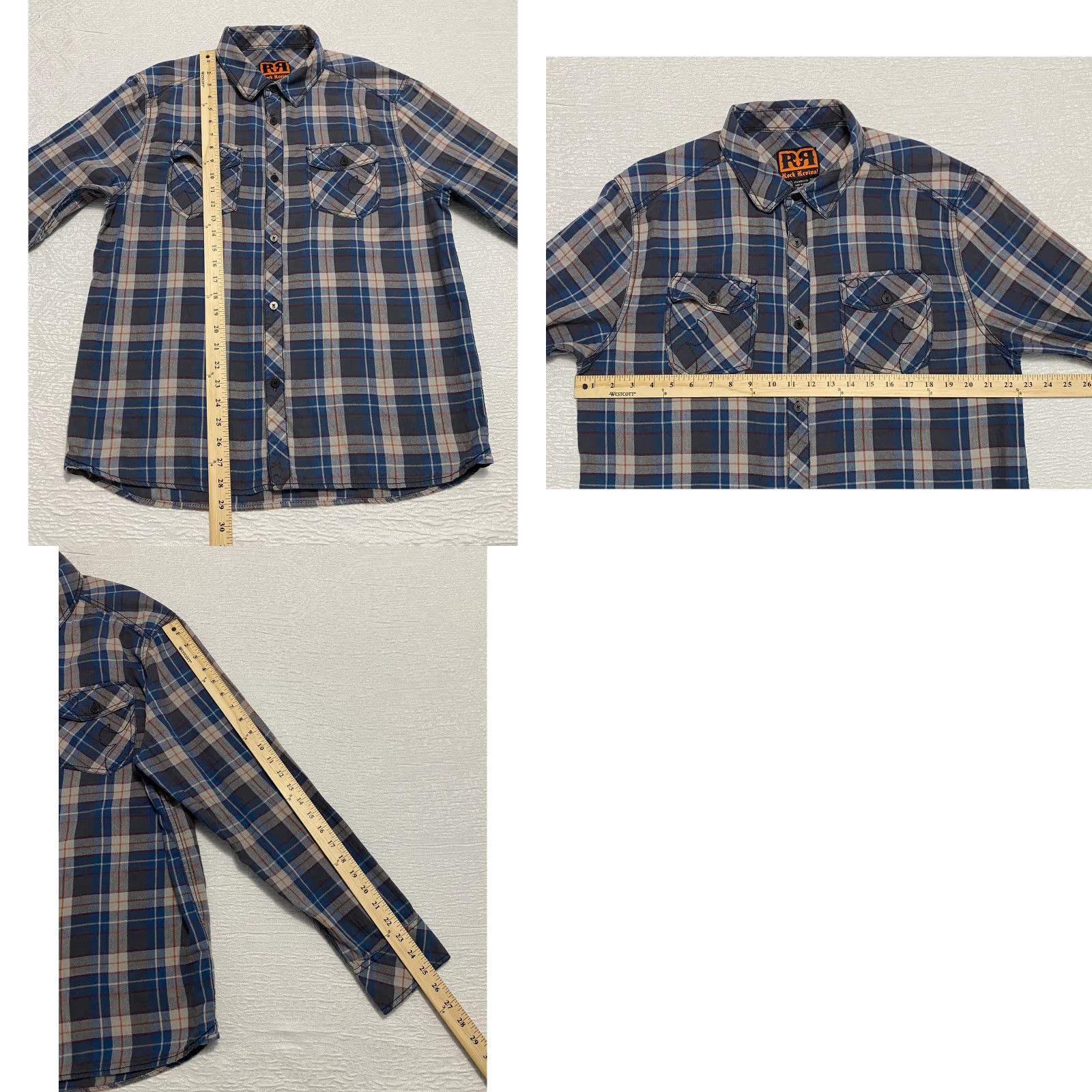 Vintage Rock Revival Shirt Mens XL Plaid Long Sleeve Button Up Casual Soft Flannel Blue Cotton Button-Up Pockets Regular Size US XL / EU 56 / 4 - 8 Thumbnail