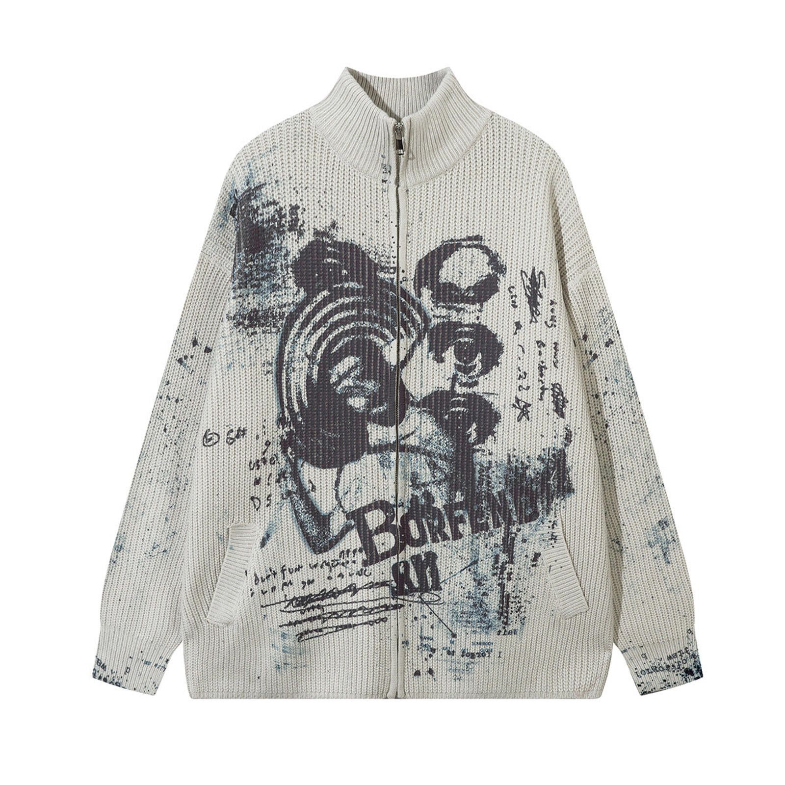 Vintage Cream Graphic Print Knit Zip-Up Sweater, Casual Knitwear Size US M / EU 48-50 / 2 - 1 Thumbnail
