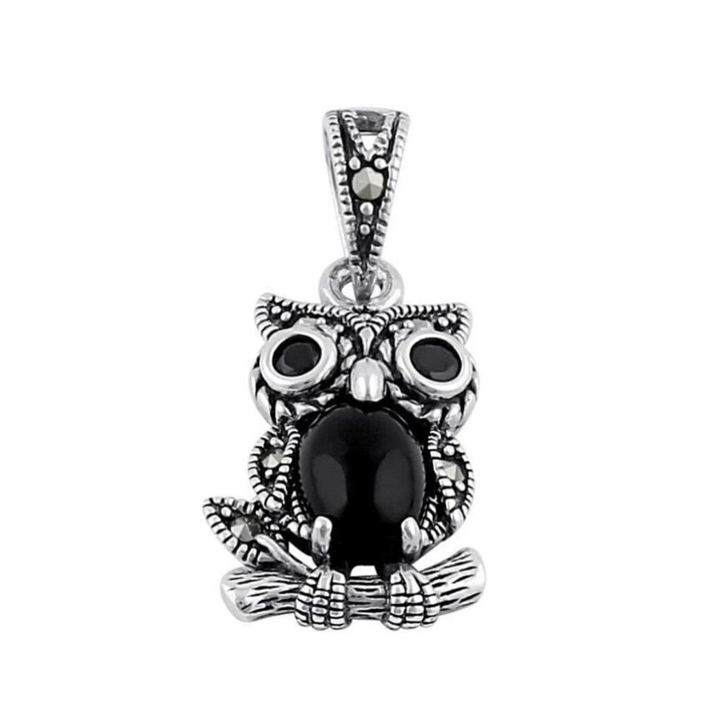 Other Sterling Silver Onyx and Dark Garnet Owl Marcasite Pendant Size ONE SIZE - 2 Thumbnail