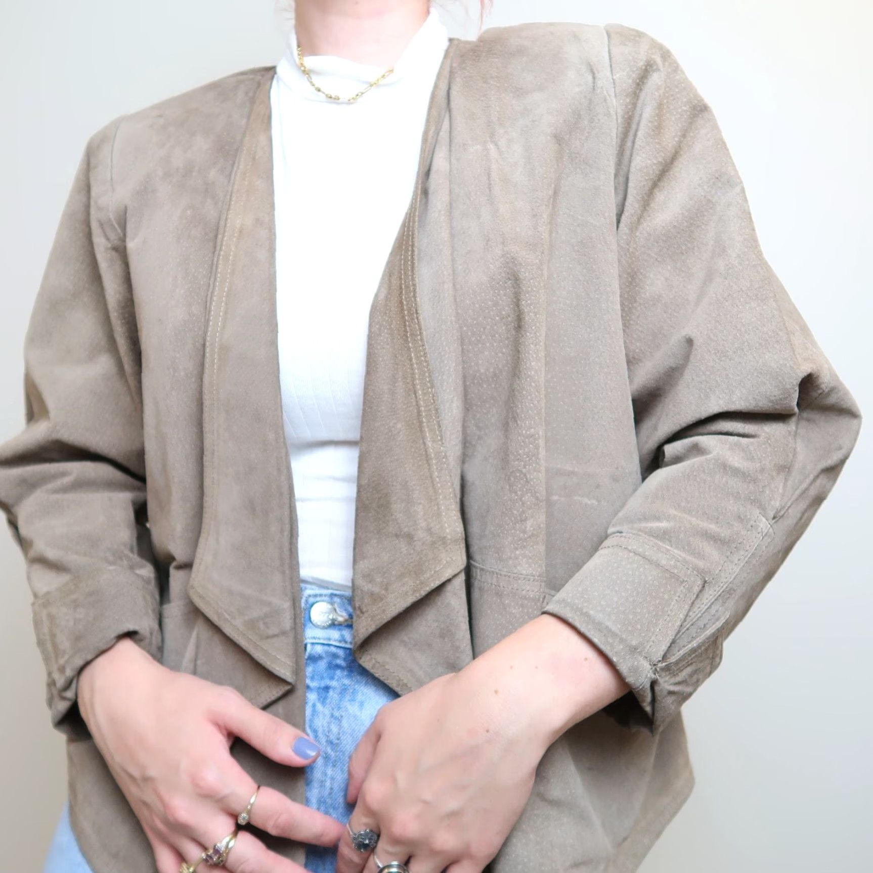 Vintage VINTAGE 80s Petite Sophisticate Suede Leather Jacket S Taupe Brown Pig Suede Waterfall Collar Casual Womens Size S / US 4 / IT 40 - 5 Thumbnail