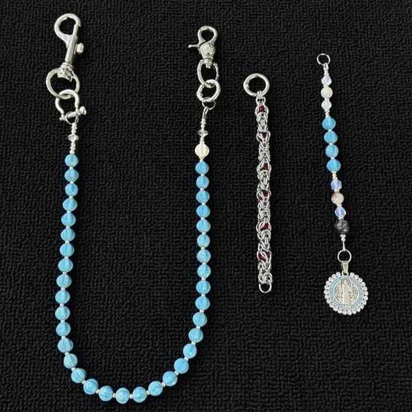 Jewelry Blue Beaded Chain Wallet Key Holder, Silver Clasp Size ONE SIZE - 6 Thumbnail
