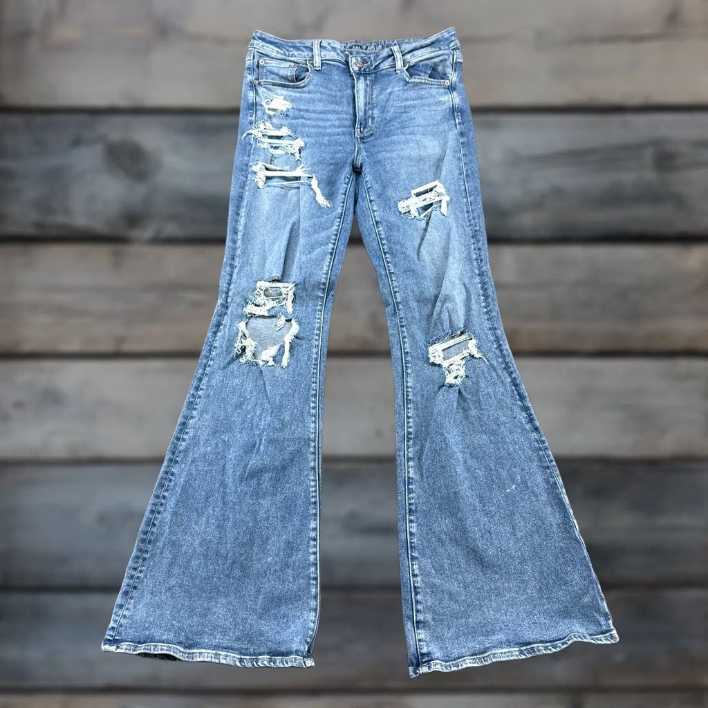 American Eagle Outfitters American Eagle Outfitters Jeans Womens 12 Blue Super Hi Rise Flare Stretch Distressed Regular 5-Pocket Denim Inseam 33 Size 34" / US 12 / IT 48 - 1 Thumbnail
