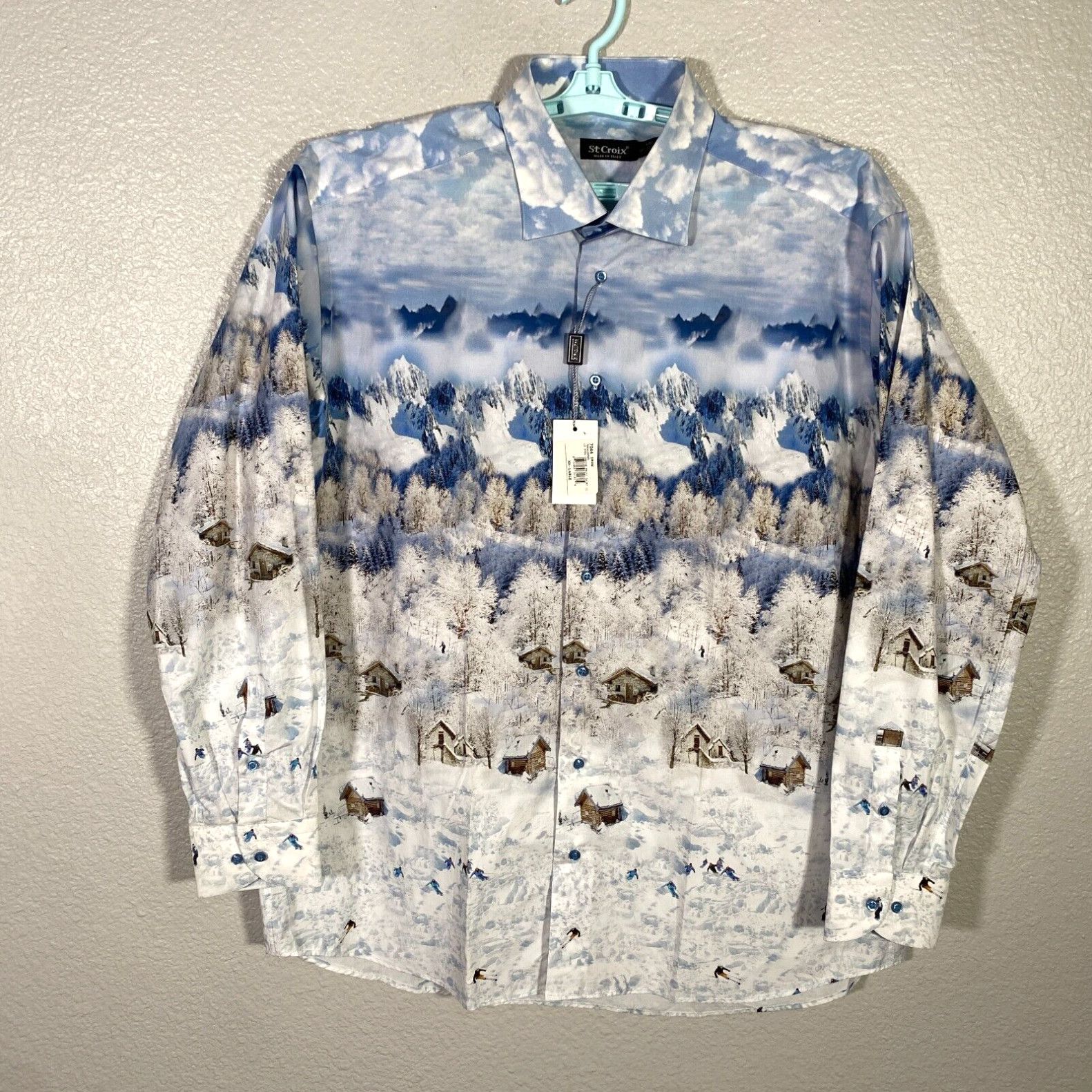 image of Vintage St Croix Shirt Mens 2Xl Blue White Button Up Long Sleeve Snow Print Made Italy