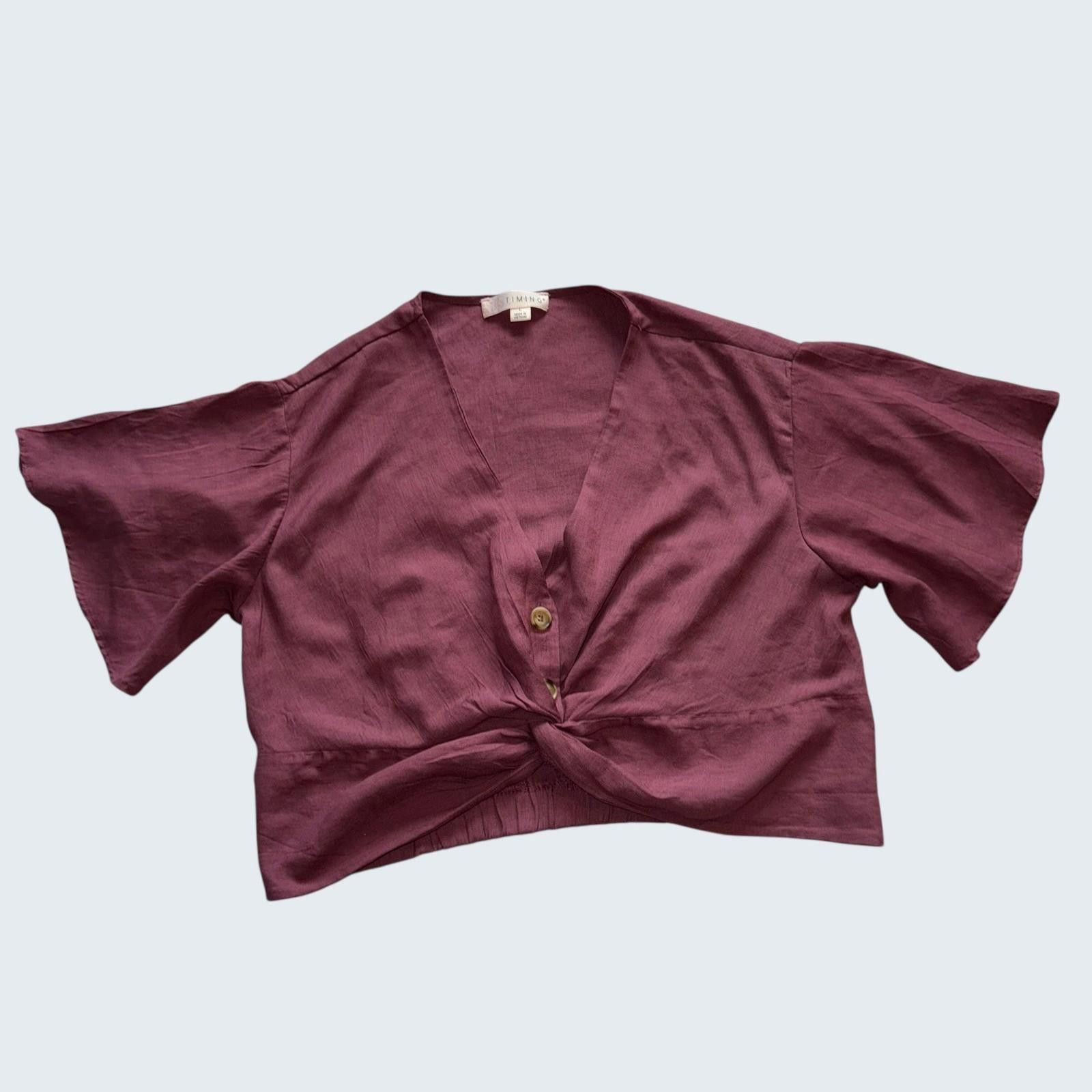 Other Timing Women Burgundy Twist Front Crop Top Flutter Sleeve L Size L / US 10 / IT 46 - 1 Thumbnail