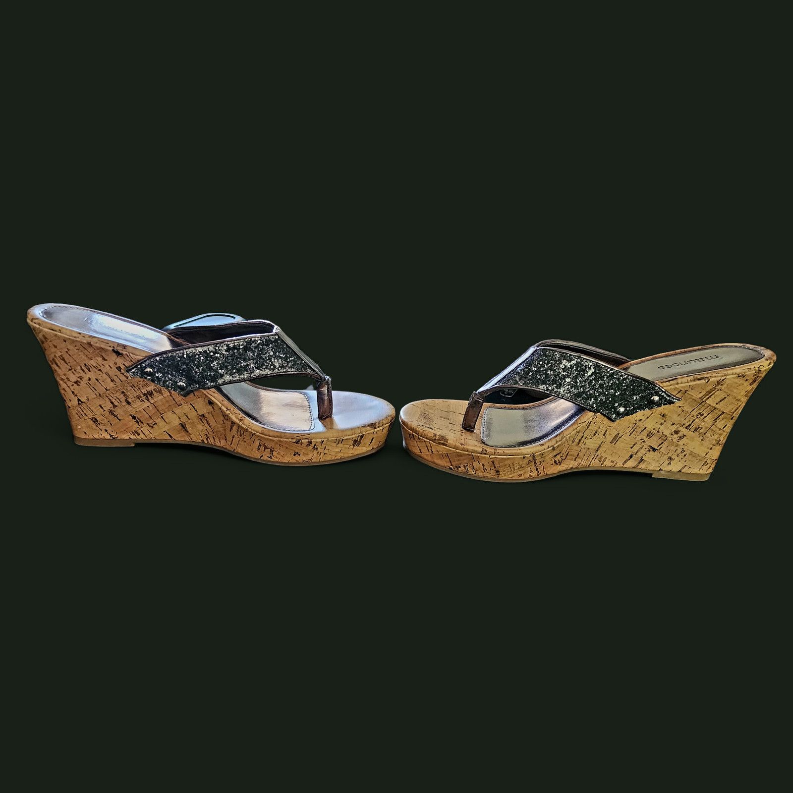 Maurice Lacroix Maurices wedge gunmetal gray glitter leather sandals size 11 Size US 11 / IT 41 - 6 Thumbnail