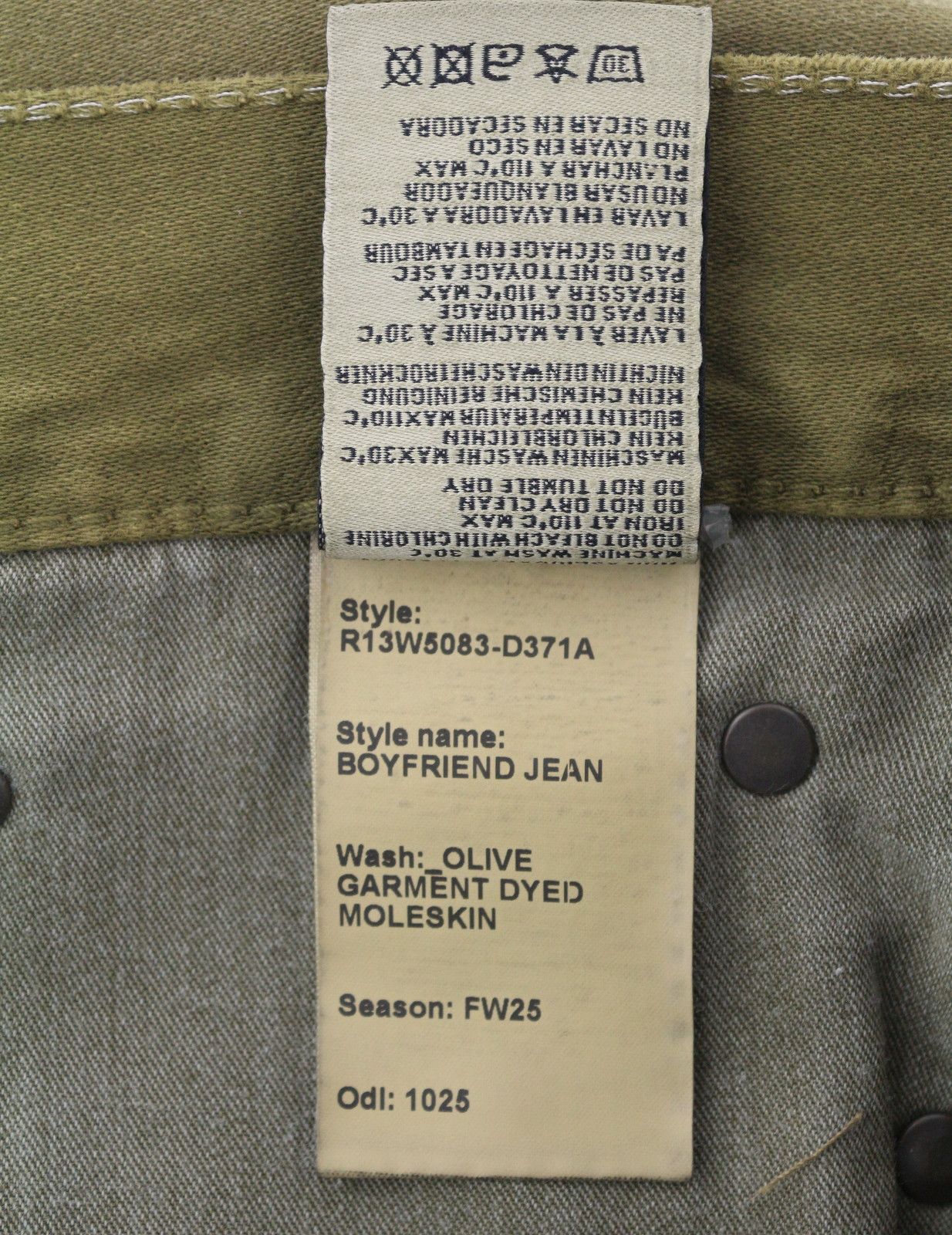 R13 BOYFRIEND 30 Olive Garment Dyed Moleskin Faded FW25 86609 Size 30" / US 8 / IT 44 - 9 Thumbnail