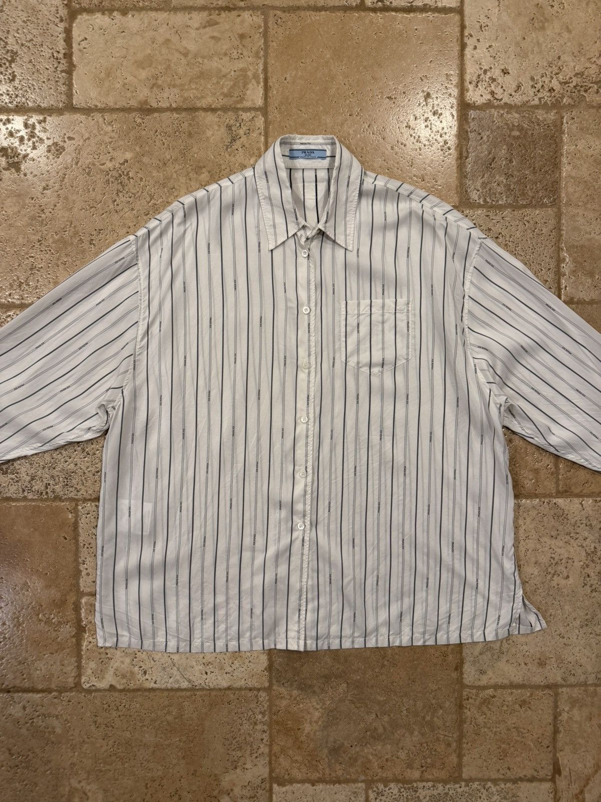 Prada Prada Raf Simons 2022 Logo Stripe White Silk Button Up Shirt Size US XL / EU 56 / 4 - 6 Thumbnail